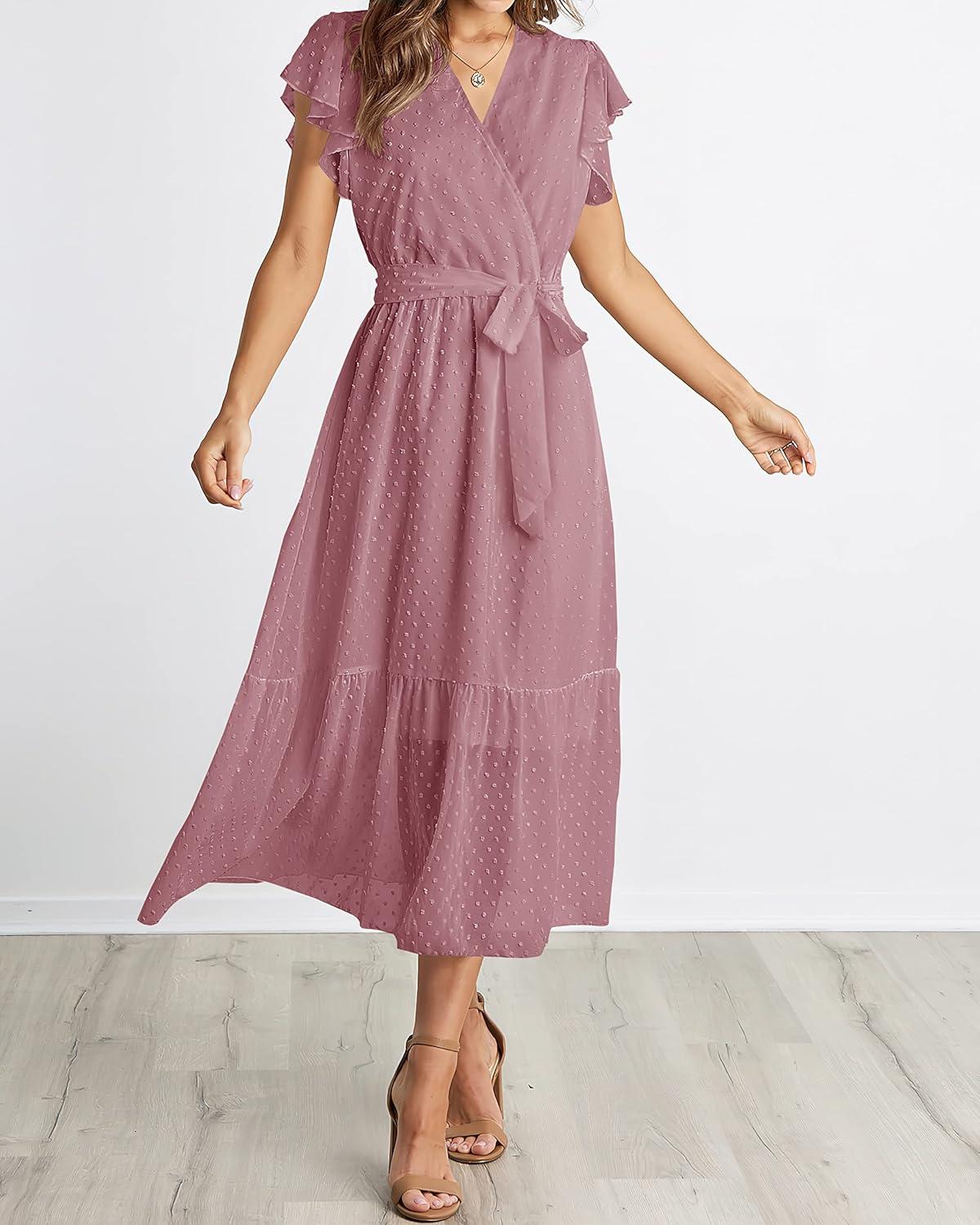 imageBTFBM Women Summer Bohemian Floral Casual Wrap V Neck Ruffle Cap Sleeveless Belt ALine Pleated Hem Midi Sun Dress WhiteSwiss Dot Bean Paste Red