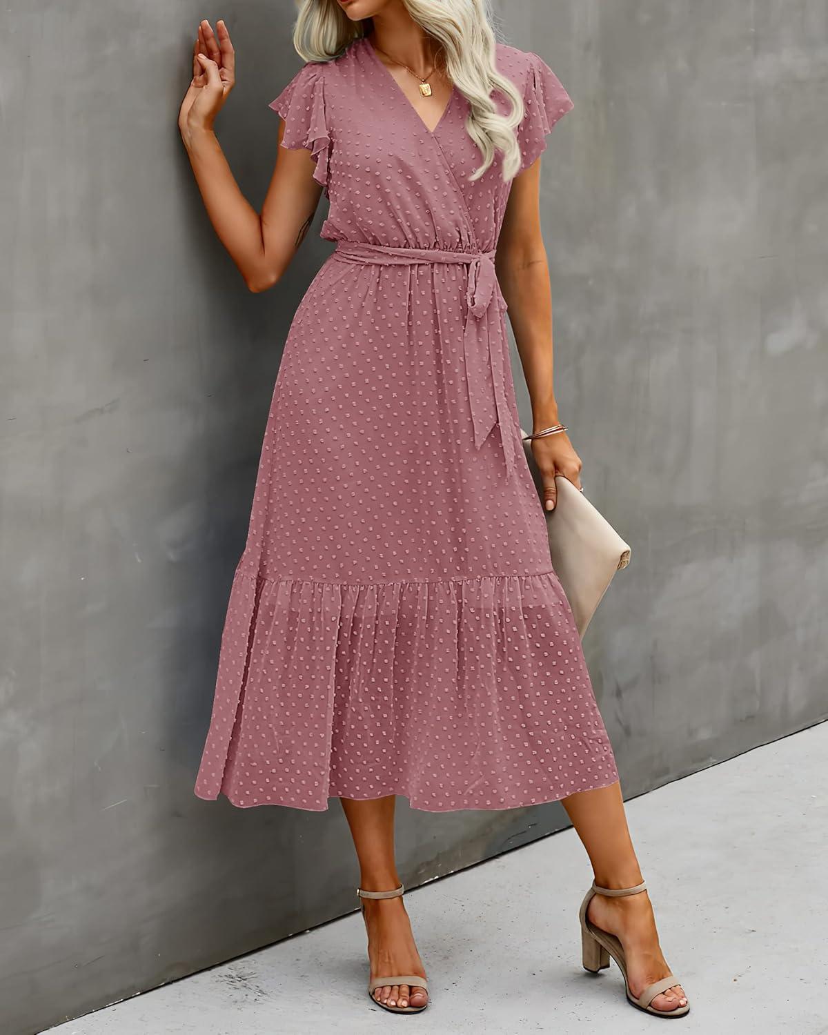 imageBTFBM Women Summer Bohemian Floral Casual Wrap V Neck Ruffle Cap Sleeveless Belt ALine Pleated Hem Midi Sun Dress WhiteSwiss Dot Bean Paste Red