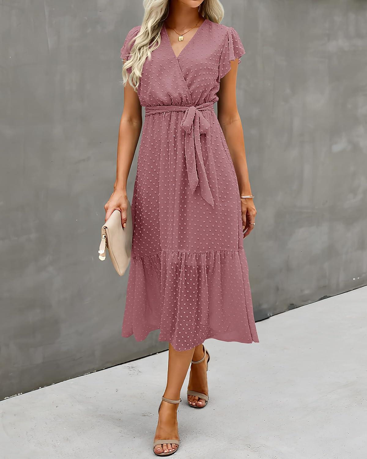 imageBTFBM Women Summer Bohemian Floral Casual Wrap V Neck Ruffle Cap Sleeveless Belt ALine Pleated Hem Midi Sun Dress WhiteSwiss Dot Bean Paste Red
