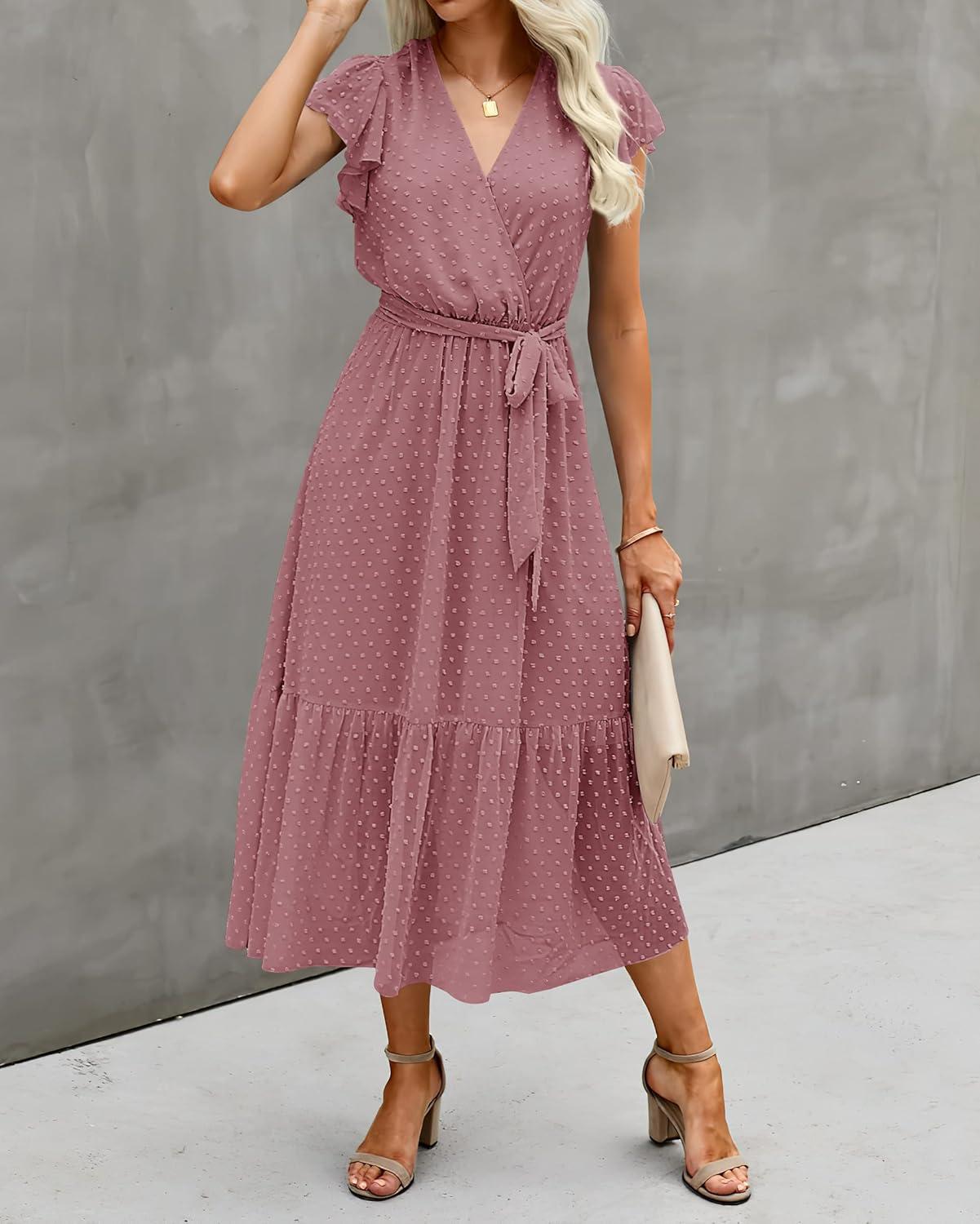 imageBTFBM Women Summer Bohemian Floral Casual Wrap V Neck Ruffle Cap Sleeveless Belt ALine Pleated Hem Midi Sun Dress WhiteSwiss Dot Bean Paste Red