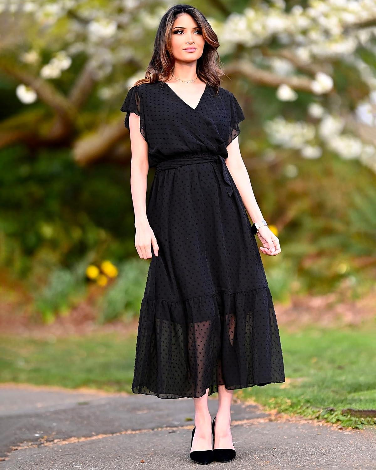 imageBTFBM Women Summer Bohemian Floral Casual Wrap V Neck Ruffle Cap Sleeveless Belt ALine Pleated Hem Midi Sun Dress WhiteSwiss Dot Black