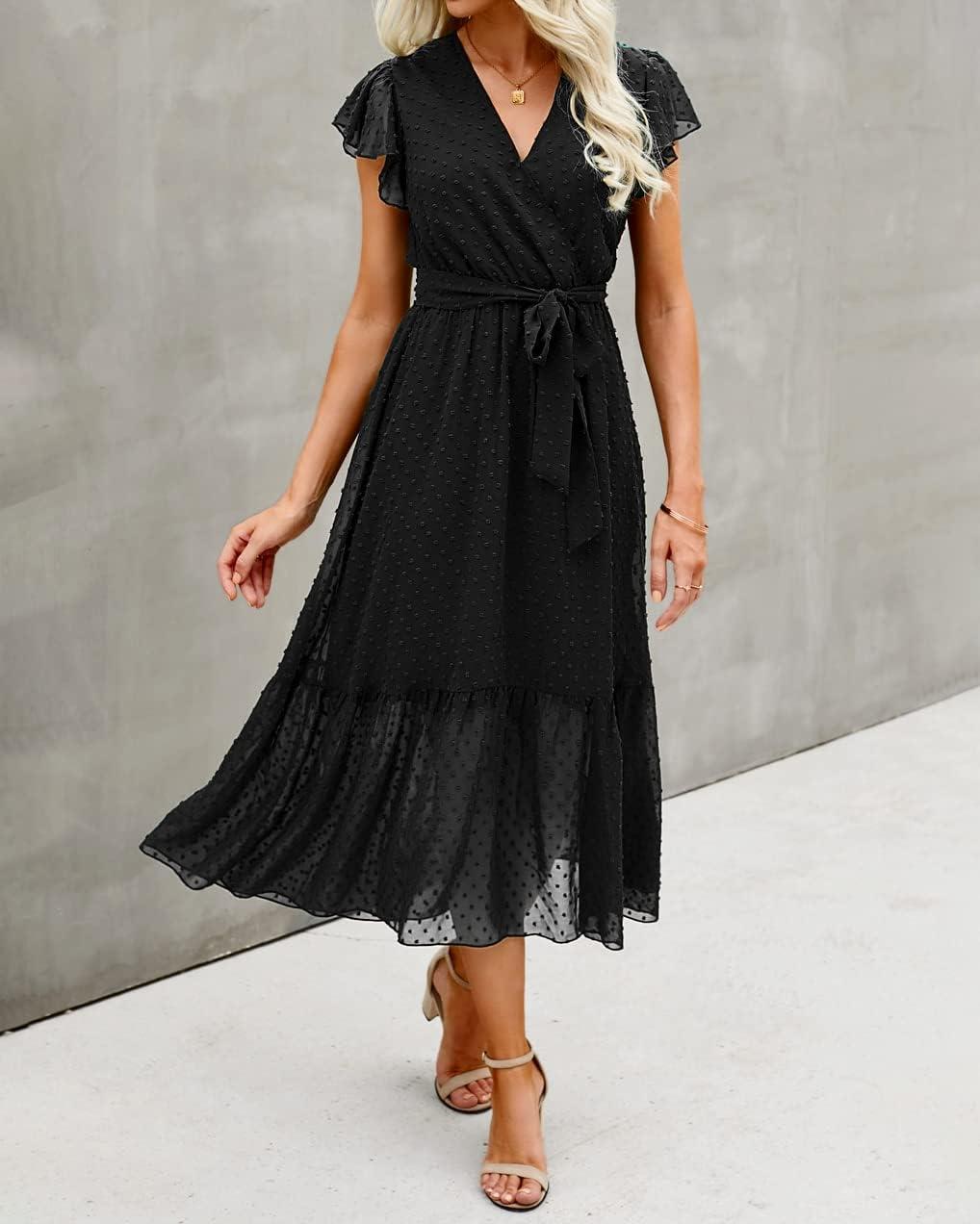 imageBTFBM Women Summer Bohemian Floral Casual Wrap V Neck Ruffle Cap Sleeveless Belt ALine Pleated Hem Midi Sun Dress WhiteSwiss Dot Black