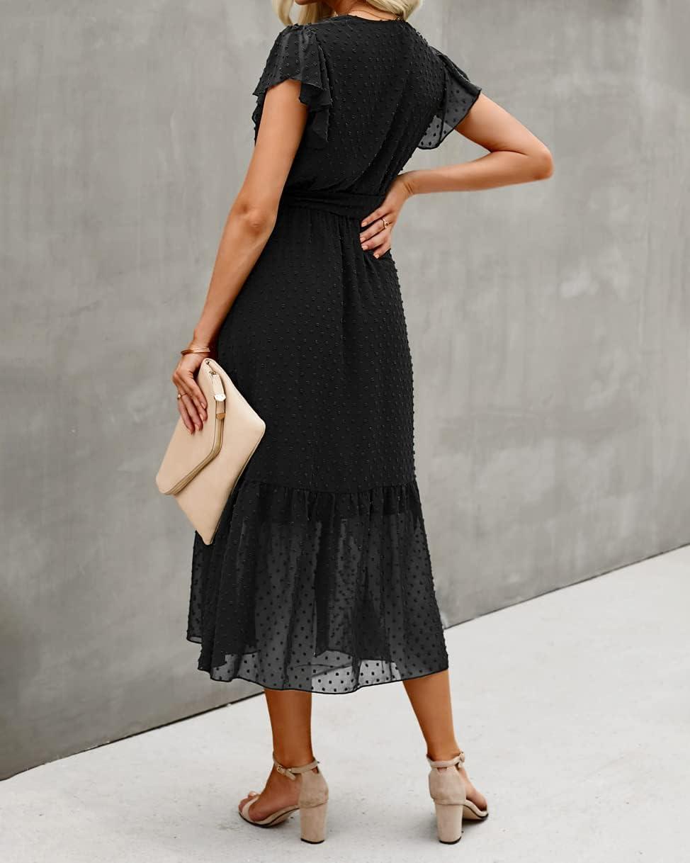 imageBTFBM Women Summer Bohemian Floral Casual Wrap V Neck Ruffle Cap Sleeveless Belt ALine Pleated Hem Midi Sun Dress WhiteSwiss Dot Black