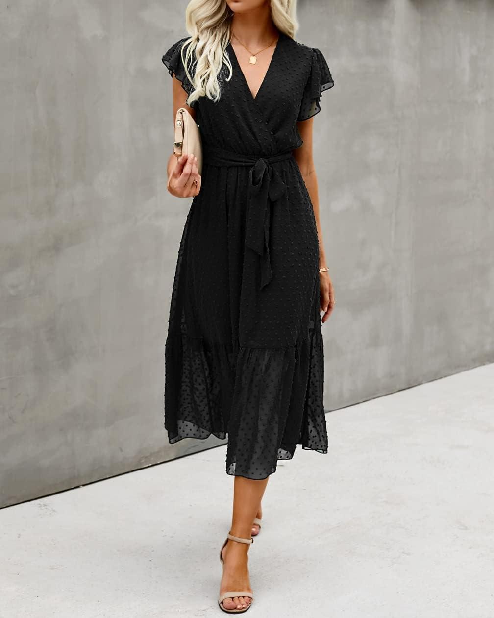 imageBTFBM Women Summer Bohemian Floral Casual Wrap V Neck Ruffle Cap Sleeveless Belt ALine Pleated Hem Midi Sun Dress WhiteSwiss Dot Black