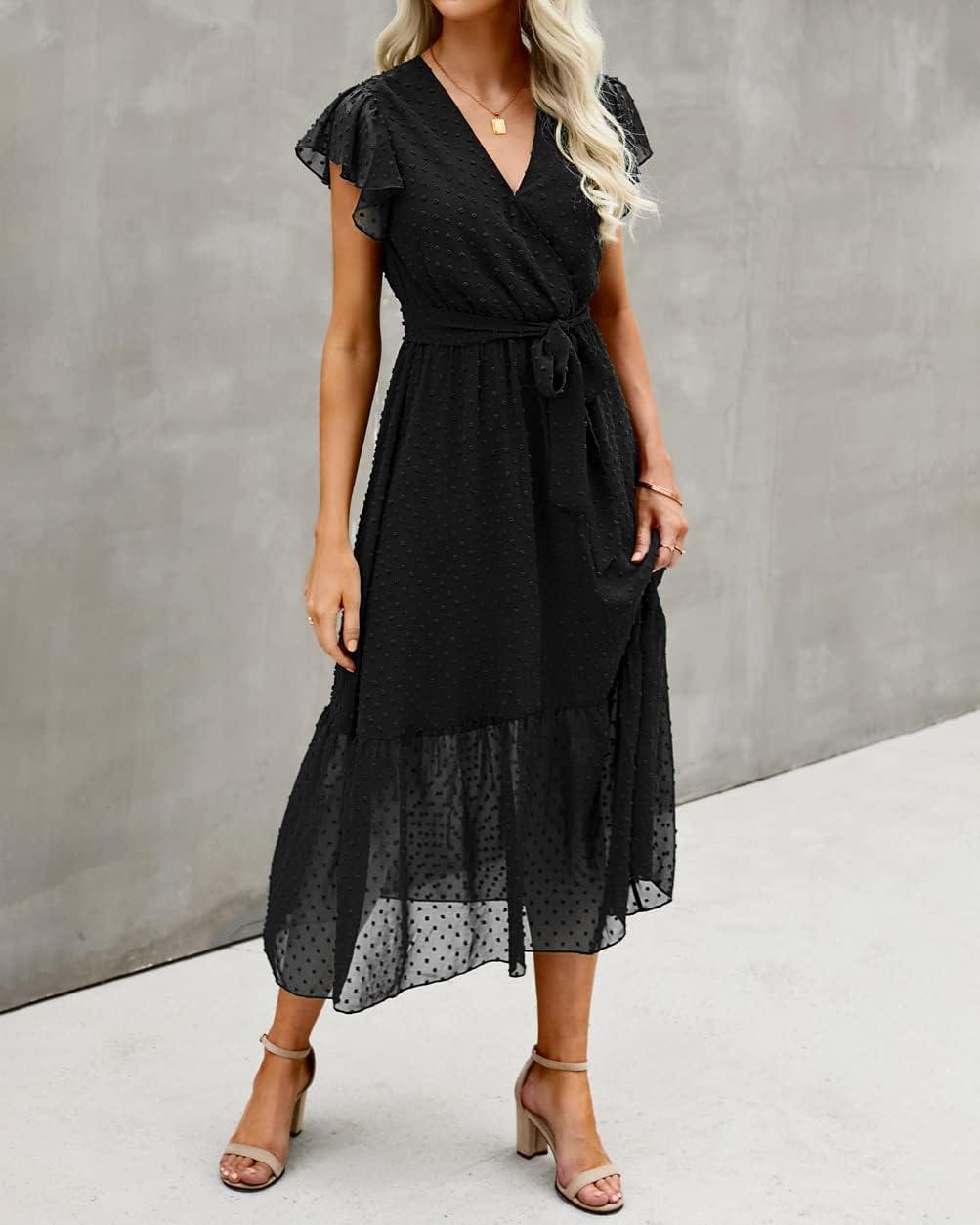 imageBTFBM Women Summer Bohemian Floral Casual Wrap V Neck Ruffle Cap Sleeveless Belt ALine Pleated Hem Midi Sun Dress WhiteSwiss Dot Black