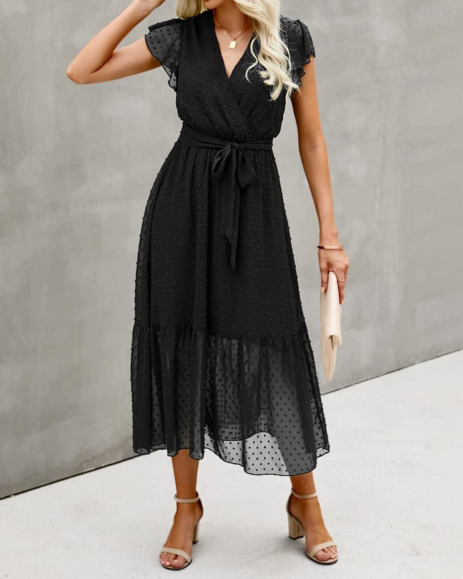 imageBTFBM Women Summer Bohemian Floral Casual Wrap V Neck Ruffle Cap Sleeveless Belt ALine Pleated Hem Midi Sun Dress WhiteSwiss Dot Black