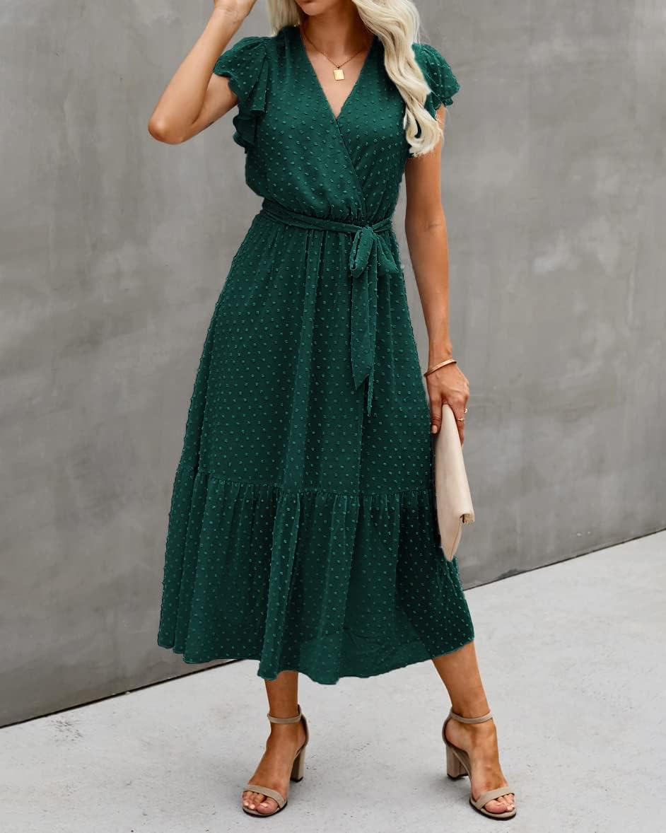 imageBTFBM Women Summer Bohemian Floral Casual Wrap V Neck Ruffle Cap Sleeveless Belt ALine Pleated Hem Midi Sun Dress WhiteSwiss Dot Dark Green