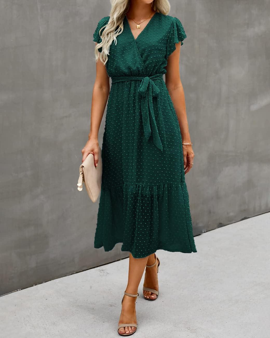 imageBTFBM Women Summer Bohemian Floral Casual Wrap V Neck Ruffle Cap Sleeveless Belt ALine Pleated Hem Midi Sun Dress WhiteSwiss Dot Dark Green