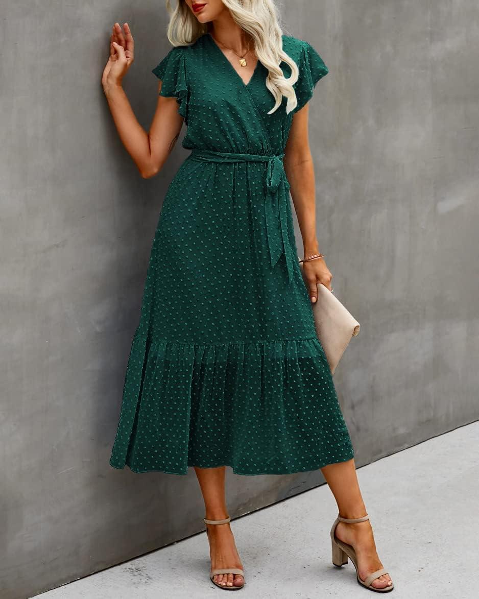 imageBTFBM Women Summer Bohemian Floral Casual Wrap V Neck Ruffle Cap Sleeveless Belt ALine Pleated Hem Midi Sun Dress WhiteSwiss Dot Dark Green