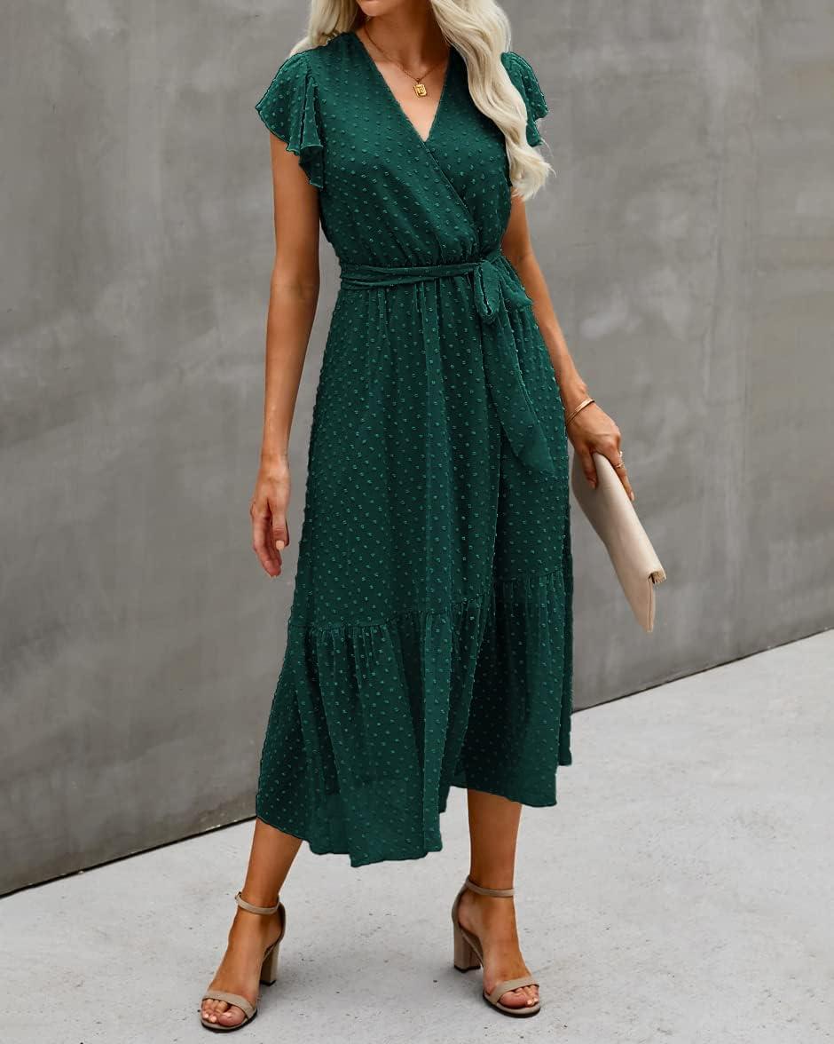 imageBTFBM Women Summer Bohemian Floral Casual Wrap V Neck Ruffle Cap Sleeveless Belt ALine Pleated Hem Midi Sun Dress WhiteSwiss Dot Dark Green