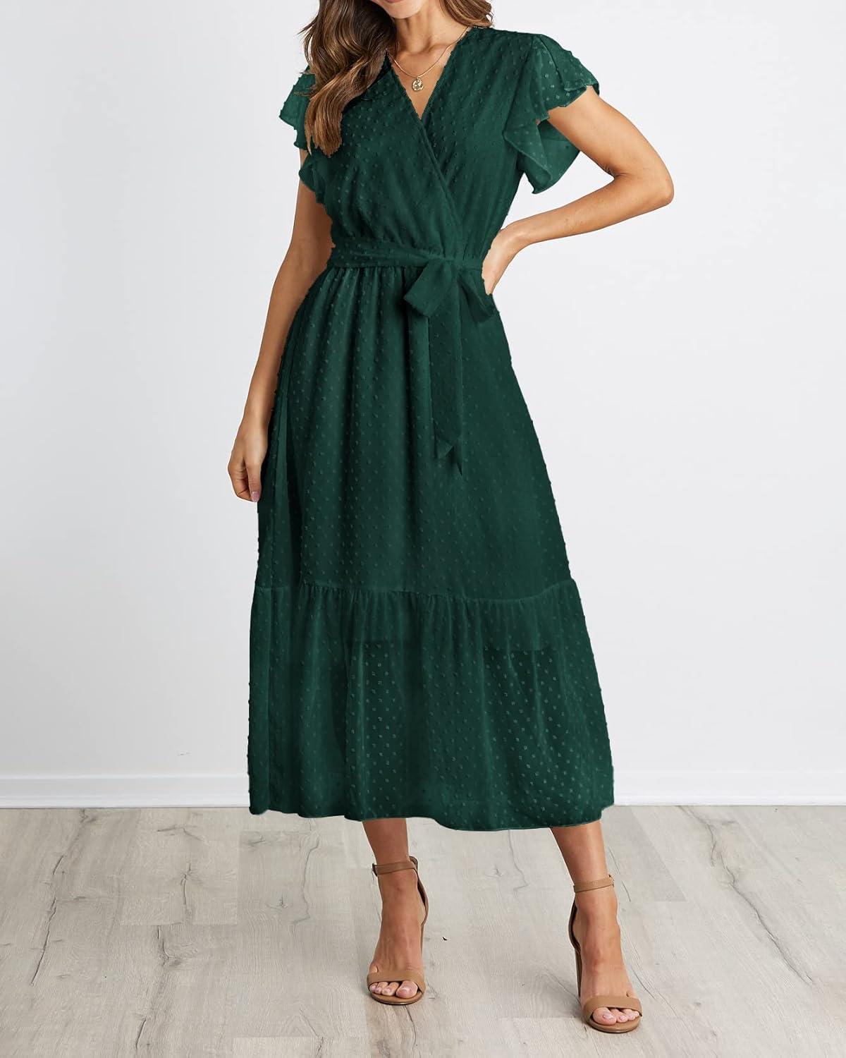 imageBTFBM Women Summer Bohemian Floral Casual Wrap V Neck Ruffle Cap Sleeveless Belt ALine Pleated Hem Midi Sun Dress WhiteSwiss Dot Dark Green