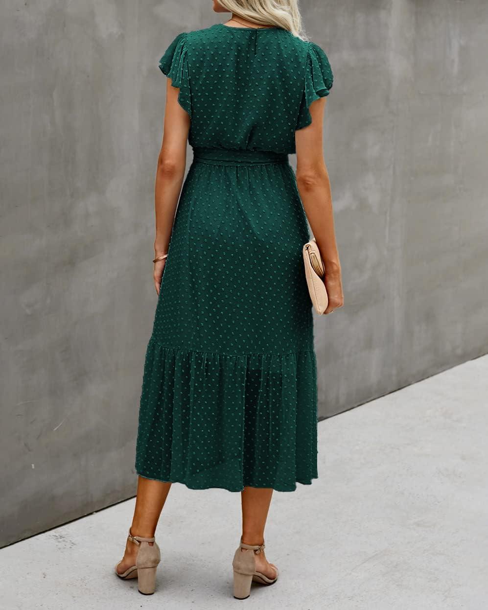 imageBTFBM Women Summer Bohemian Floral Casual Wrap V Neck Ruffle Cap Sleeveless Belt ALine Pleated Hem Midi Sun Dress WhiteSwiss Dot Dark Green