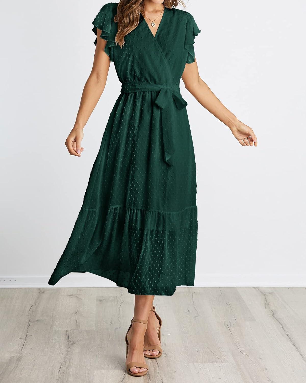 imageBTFBM Women Summer Bohemian Floral Casual Wrap V Neck Ruffle Cap Sleeveless Belt ALine Pleated Hem Midi Sun Dress WhiteSwiss Dot Dark Green