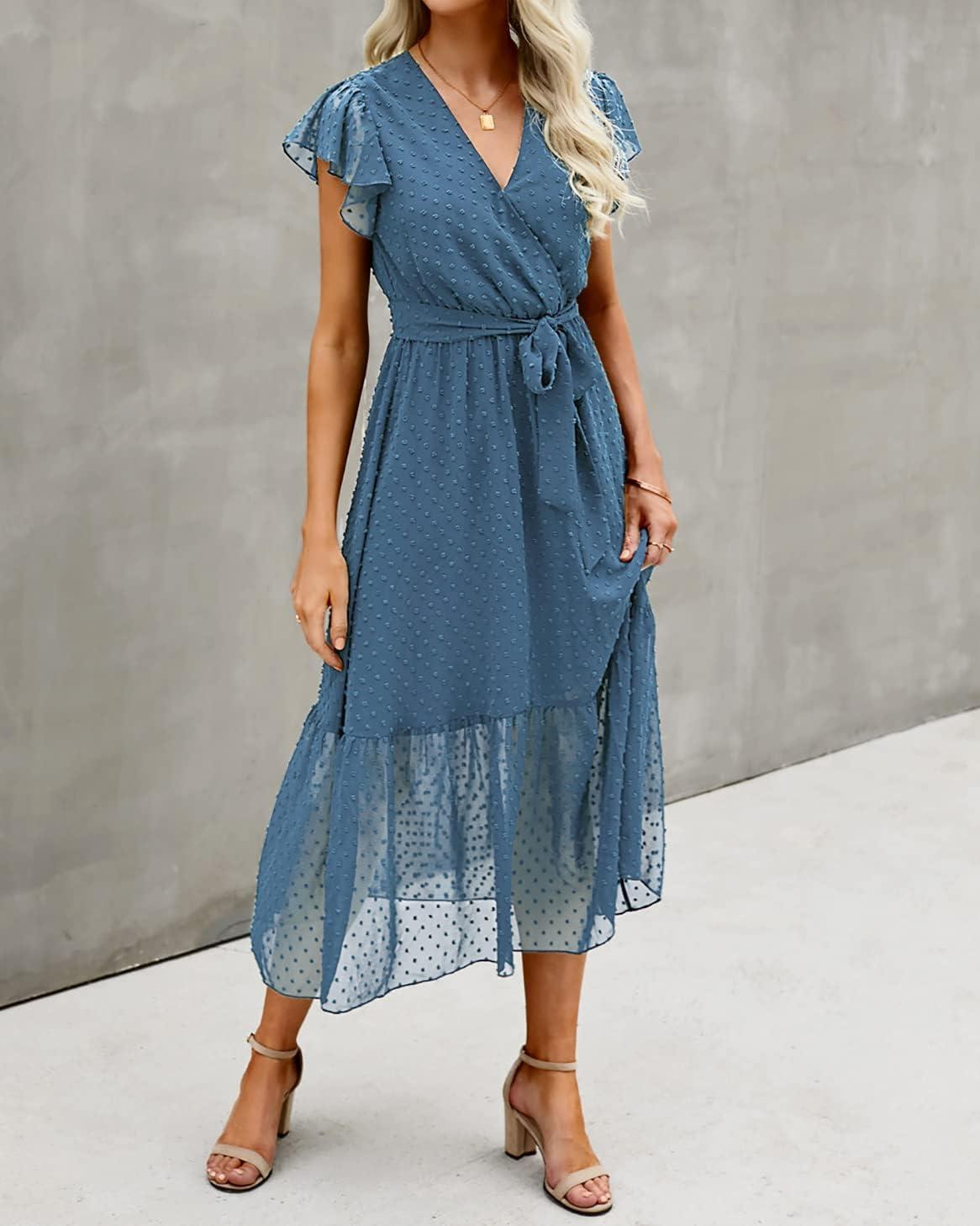 imageBTFBM Women Summer Bohemian Floral Casual Wrap V Neck Ruffle Cap Sleeveless Belt ALine Pleated Hem Midi Sun Dress WhiteSwiss Dot Grey Blue