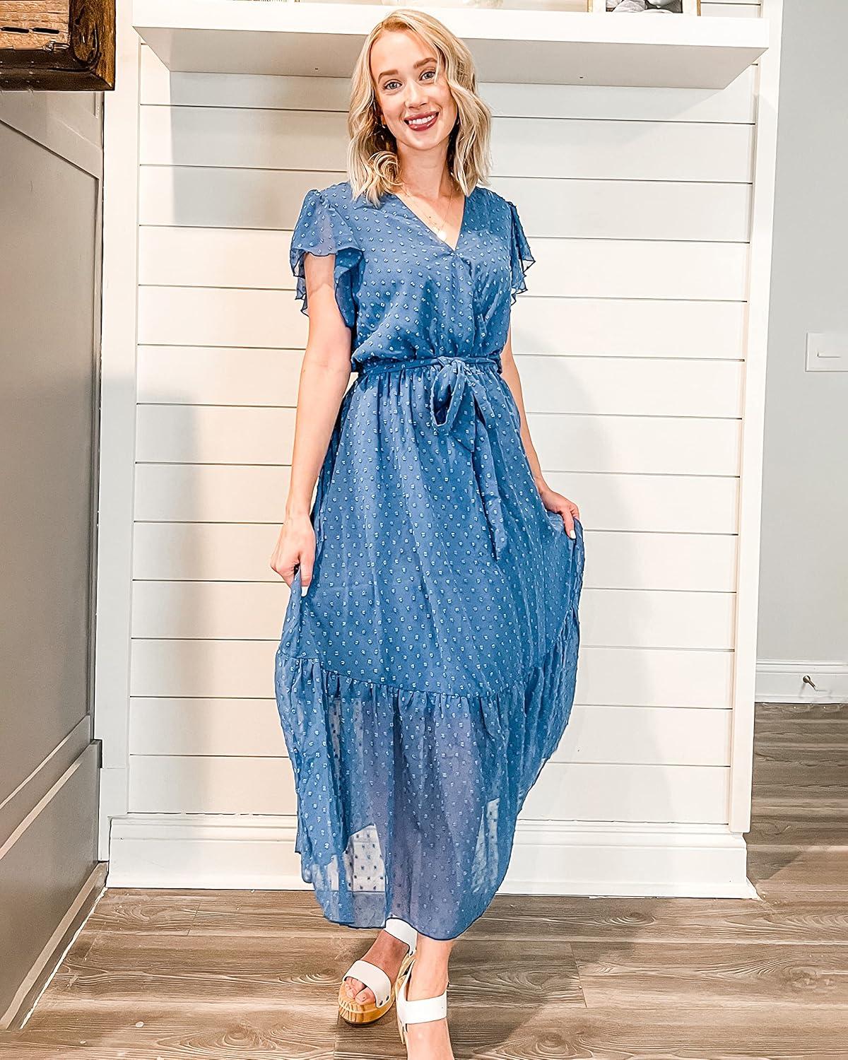 imageBTFBM Women Summer Bohemian Floral Casual Wrap V Neck Ruffle Cap Sleeveless Belt ALine Pleated Hem Midi Sun Dress WhiteSwiss Dot Grey Blue