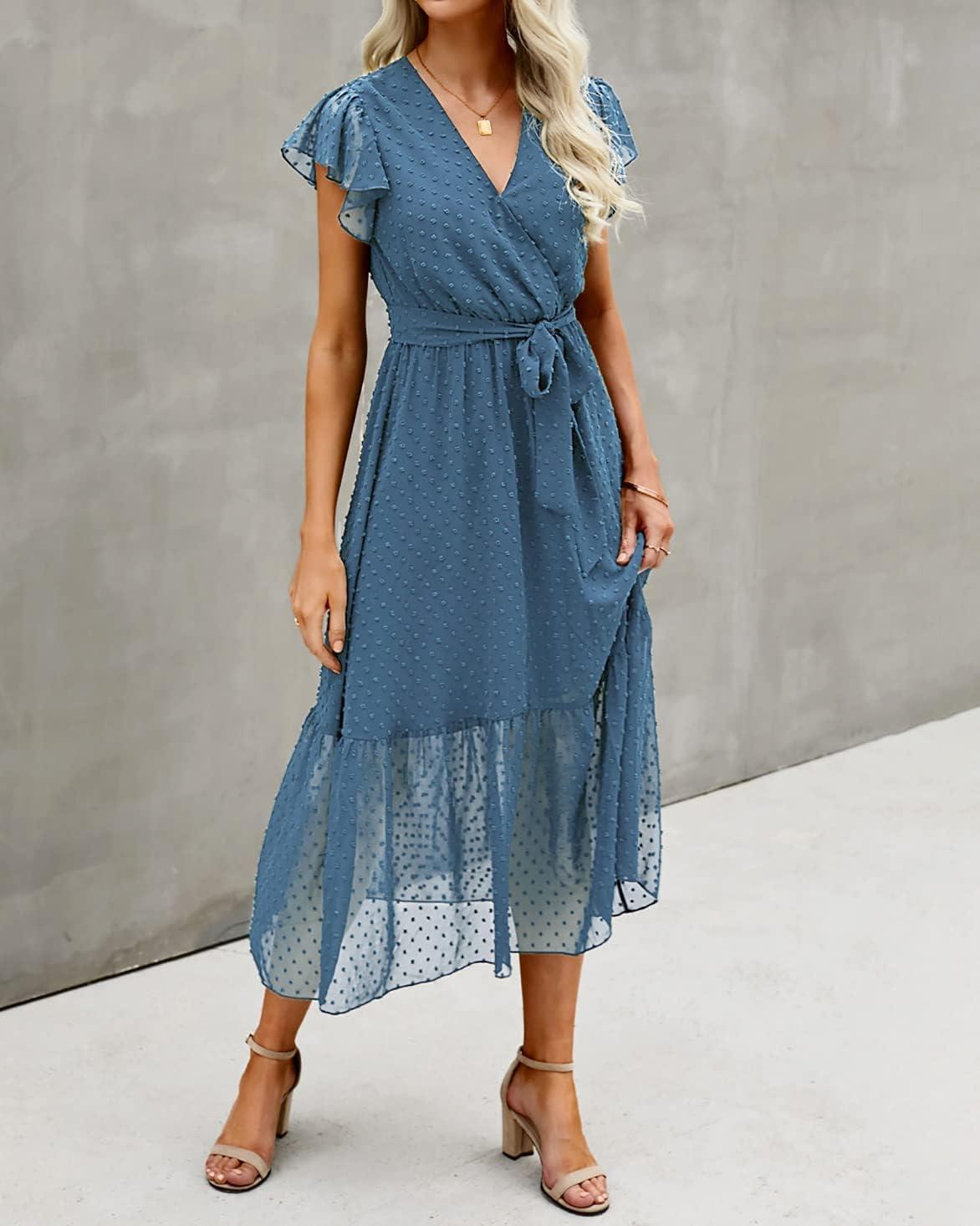 imageBTFBM Women Summer Bohemian Floral Casual Wrap V Neck Ruffle Cap Sleeveless Belt ALine Pleated Hem Midi Sun Dress WhiteSwiss Dot Grey Blue