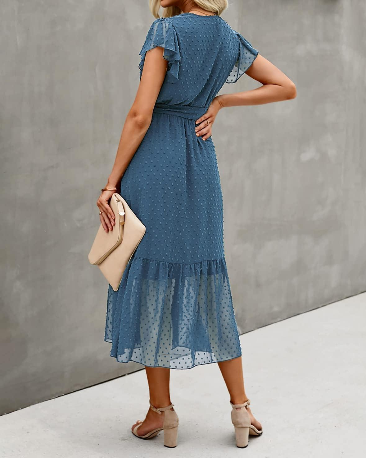 imageBTFBM Women Summer Bohemian Floral Casual Wrap V Neck Ruffle Cap Sleeveless Belt ALine Pleated Hem Midi Sun Dress WhiteSwiss Dot Grey Blue