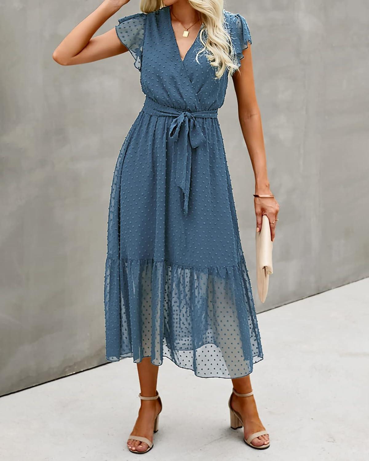 imageBTFBM Women Summer Bohemian Floral Casual Wrap V Neck Ruffle Cap Sleeveless Belt ALine Pleated Hem Midi Sun Dress WhiteSwiss Dot Grey Blue