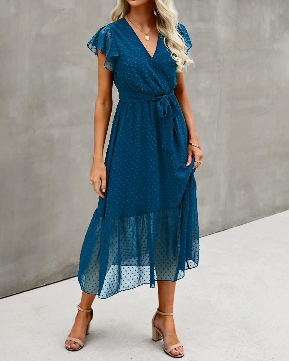 imageBTFBM Women Summer Bohemian Floral Casual Wrap V Neck Ruffle Cap Sleeveless Belt ALine Pleated Hem Midi Sun Dress WhiteSwiss Dot Lake Blue
