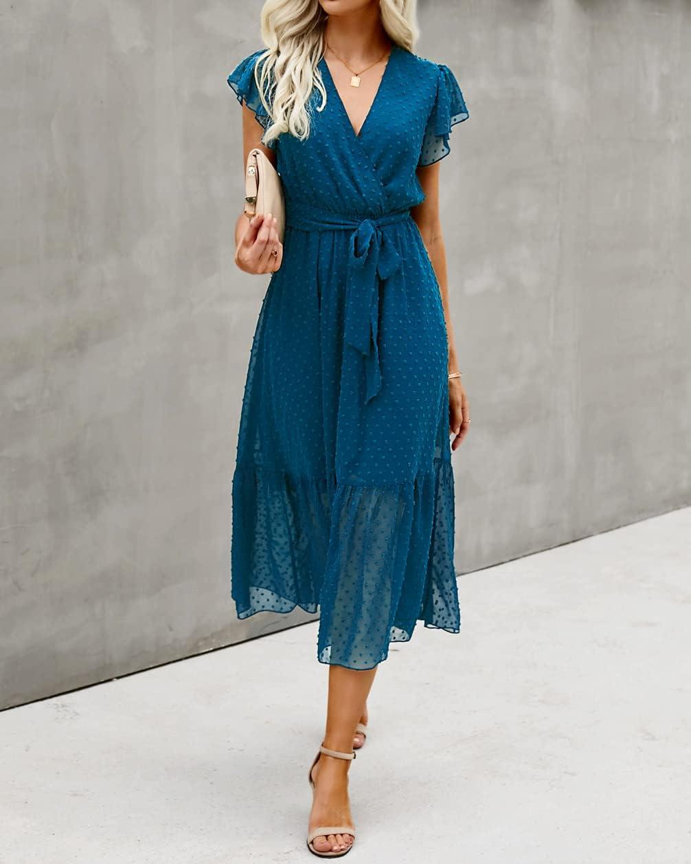 imageBTFBM Women Summer Bohemian Floral Casual Wrap V Neck Ruffle Cap Sleeveless Belt ALine Pleated Hem Midi Sun Dress WhiteSwiss Dot Lake Blue