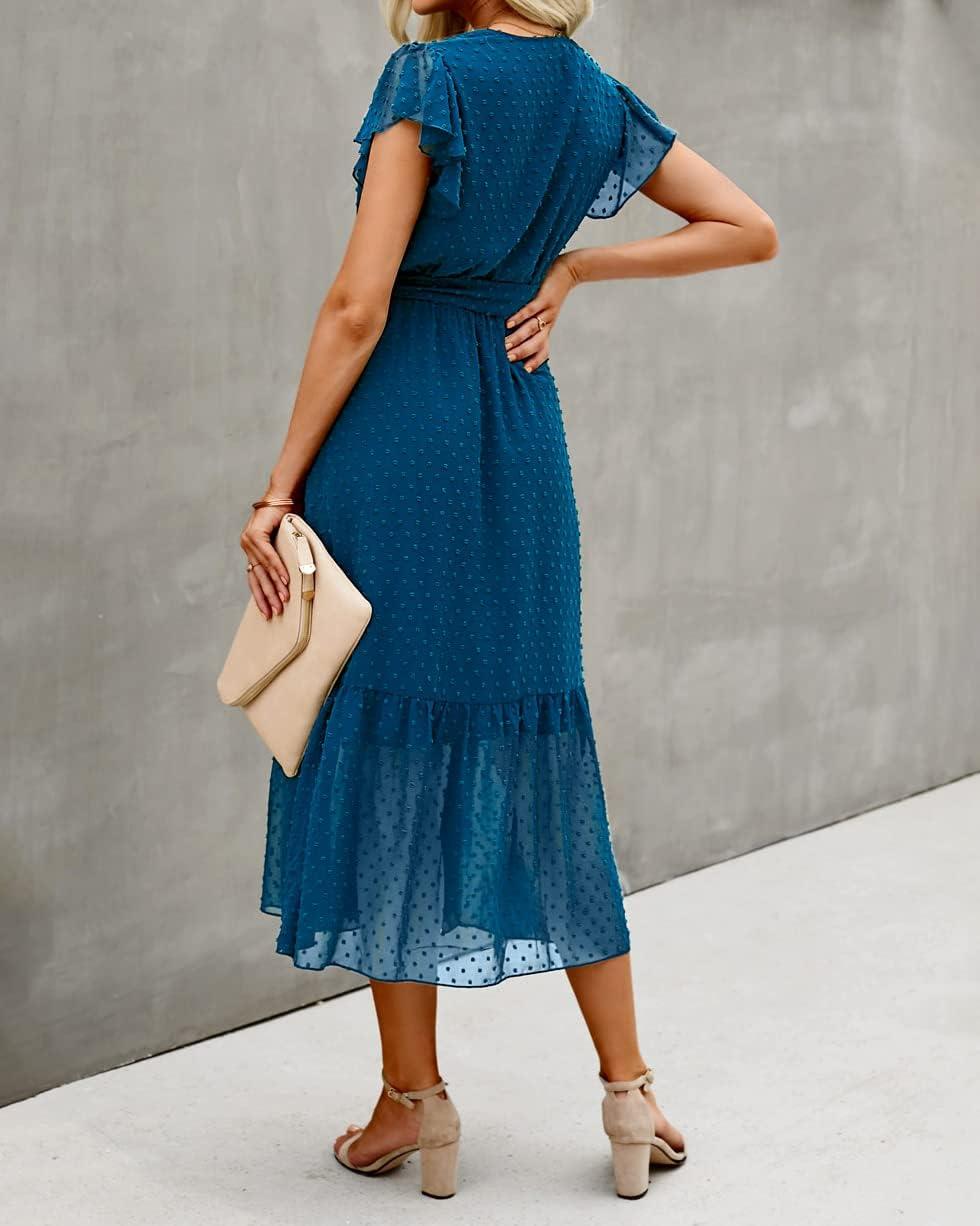 imageBTFBM Women Summer Bohemian Floral Casual Wrap V Neck Ruffle Cap Sleeveless Belt ALine Pleated Hem Midi Sun Dress WhiteSwiss Dot Lake Blue