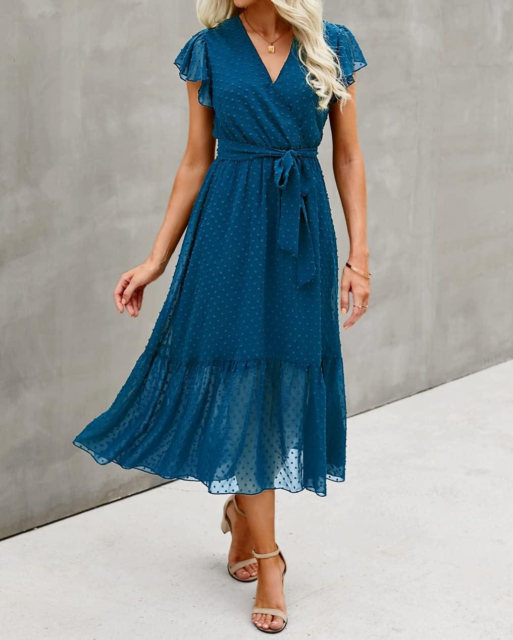 imageBTFBM Women Summer Bohemian Floral Casual Wrap V Neck Ruffle Cap Sleeveless Belt ALine Pleated Hem Midi Sun Dress WhiteSwiss Dot Lake Blue