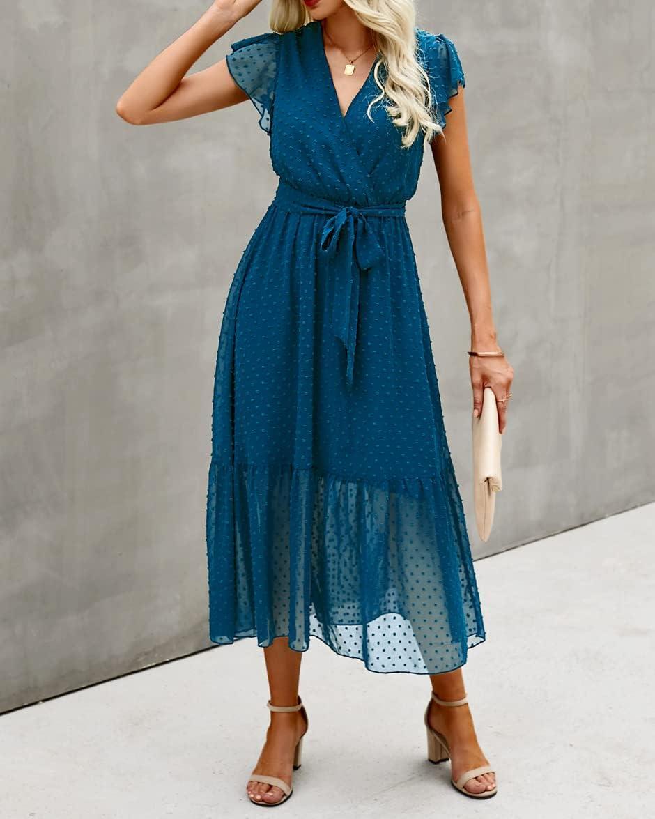 imageBTFBM Women Summer Bohemian Floral Casual Wrap V Neck Ruffle Cap Sleeveless Belt ALine Pleated Hem Midi Sun Dress WhiteSwiss Dot Lake Blue