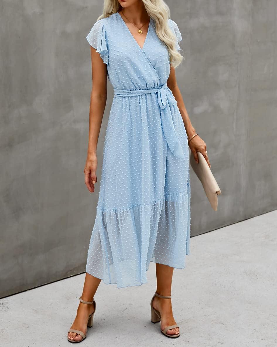 imageBTFBM Women Summer Bohemian Floral Casual Wrap V Neck Ruffle Cap Sleeveless Belt ALine Pleated Hem Midi Sun Dress WhiteSwiss Dot Light Blue