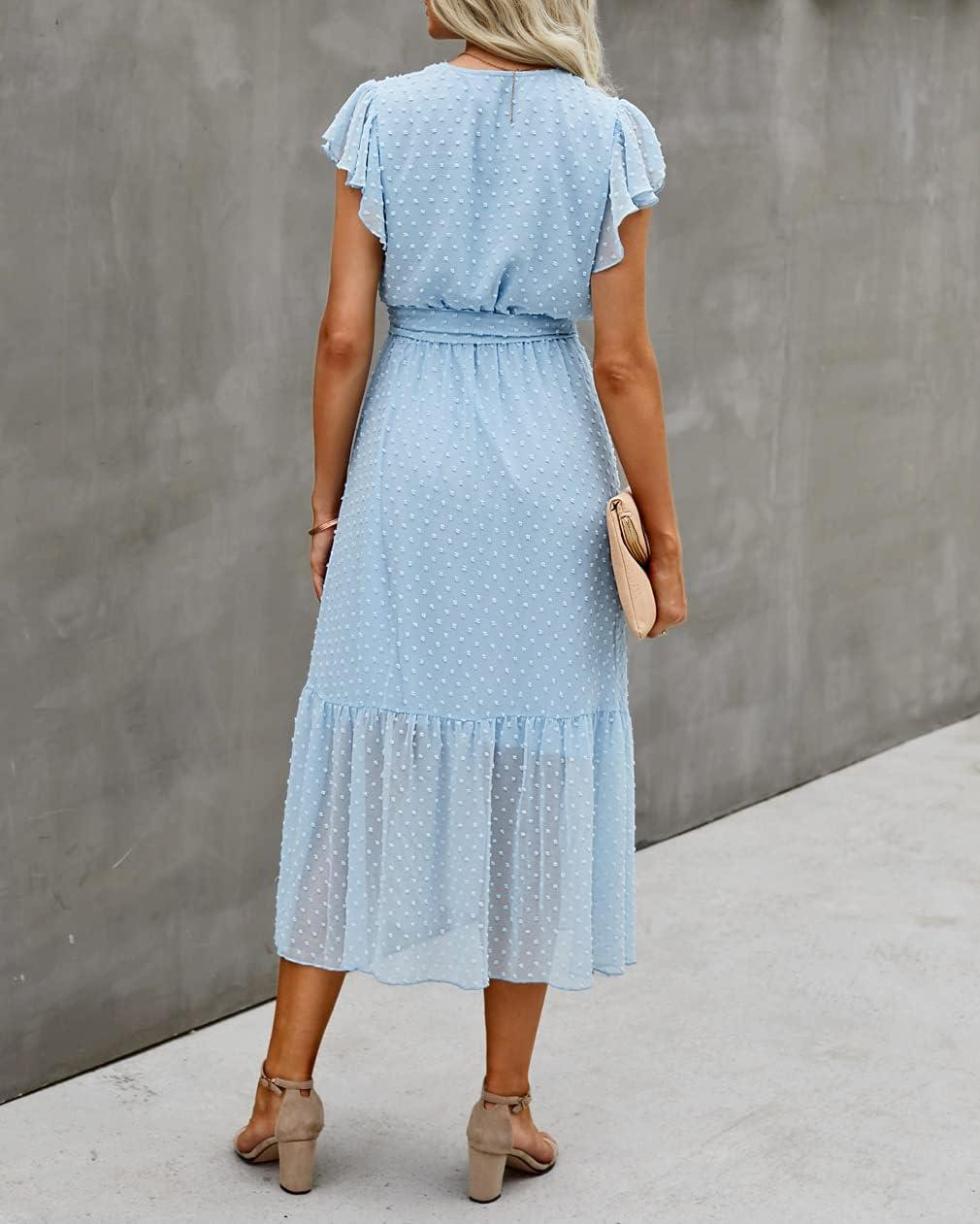 imageBTFBM Women Summer Bohemian Floral Casual Wrap V Neck Ruffle Cap Sleeveless Belt ALine Pleated Hem Midi Sun Dress WhiteSwiss Dot Light Blue