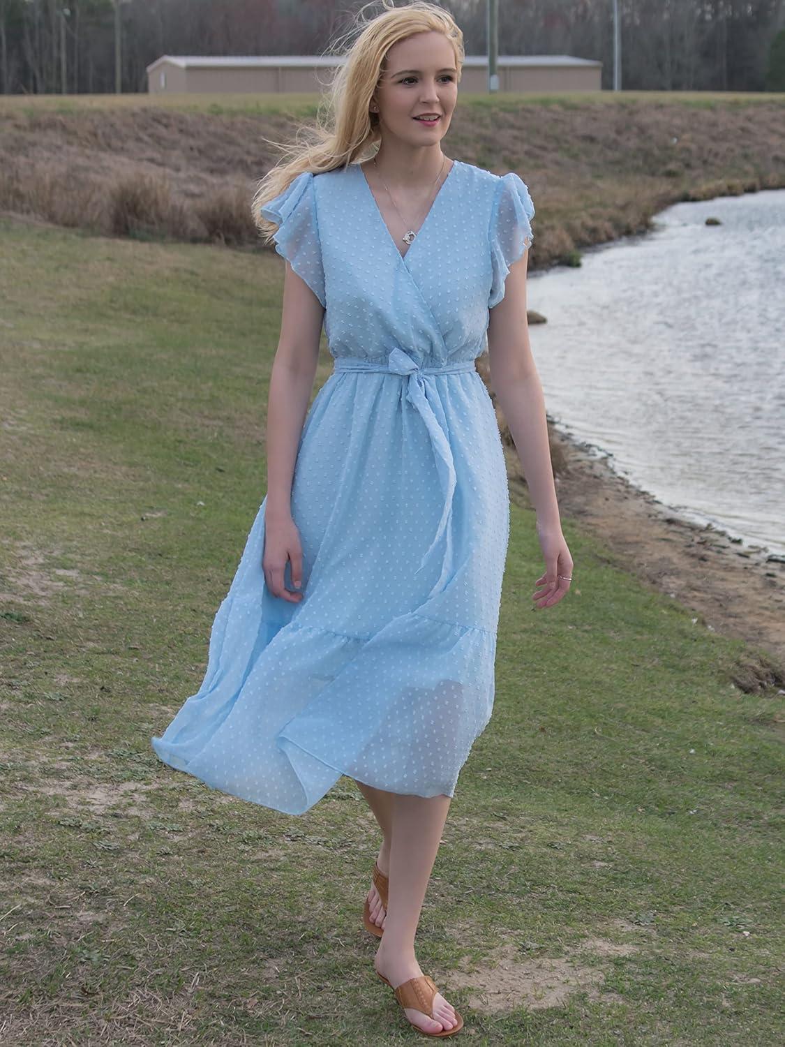 imageBTFBM Women Summer Bohemian Floral Casual Wrap V Neck Ruffle Cap Sleeveless Belt ALine Pleated Hem Midi Sun Dress WhiteSwiss Dot Light Blue