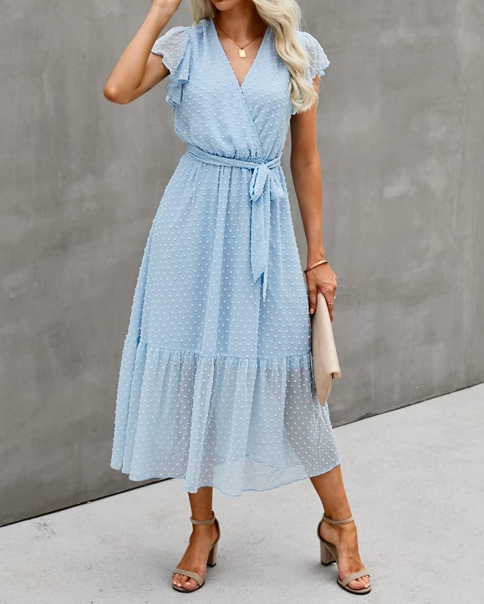 imageBTFBM Women Summer Bohemian Floral Casual Wrap V Neck Ruffle Cap Sleeveless Belt ALine Pleated Hem Midi Sun Dress WhiteSwiss Dot Light Blue