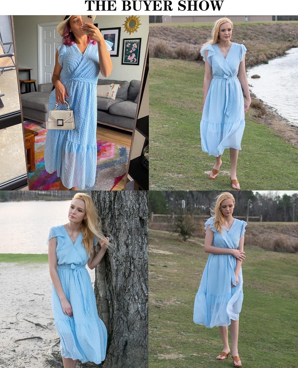 imageBTFBM Women Summer Bohemian Floral Casual Wrap V Neck Ruffle Cap Sleeveless Belt ALine Pleated Hem Midi Sun Dress WhiteSwiss Dot Light Blue