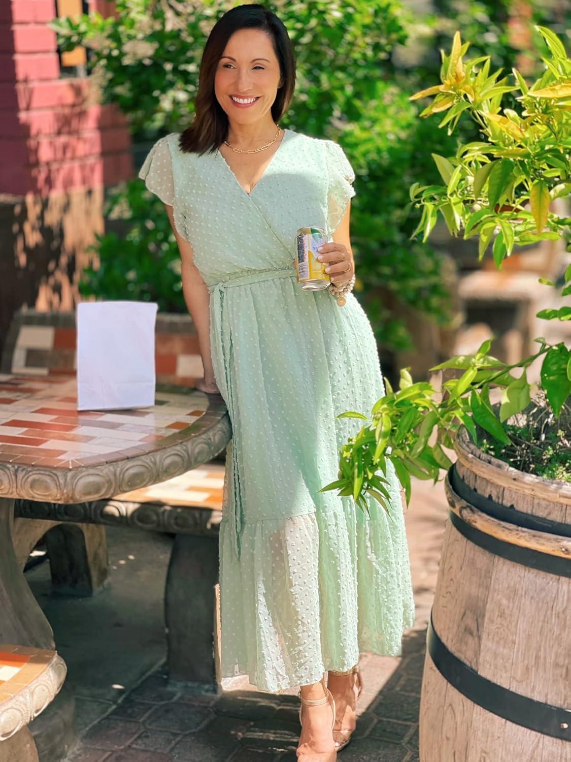 imageBTFBM Women Summer Bohemian Floral Casual Wrap V Neck Ruffle Cap Sleeveless Belt ALine Pleated Hem Midi Sun Dress WhiteSwiss Dot Light Green