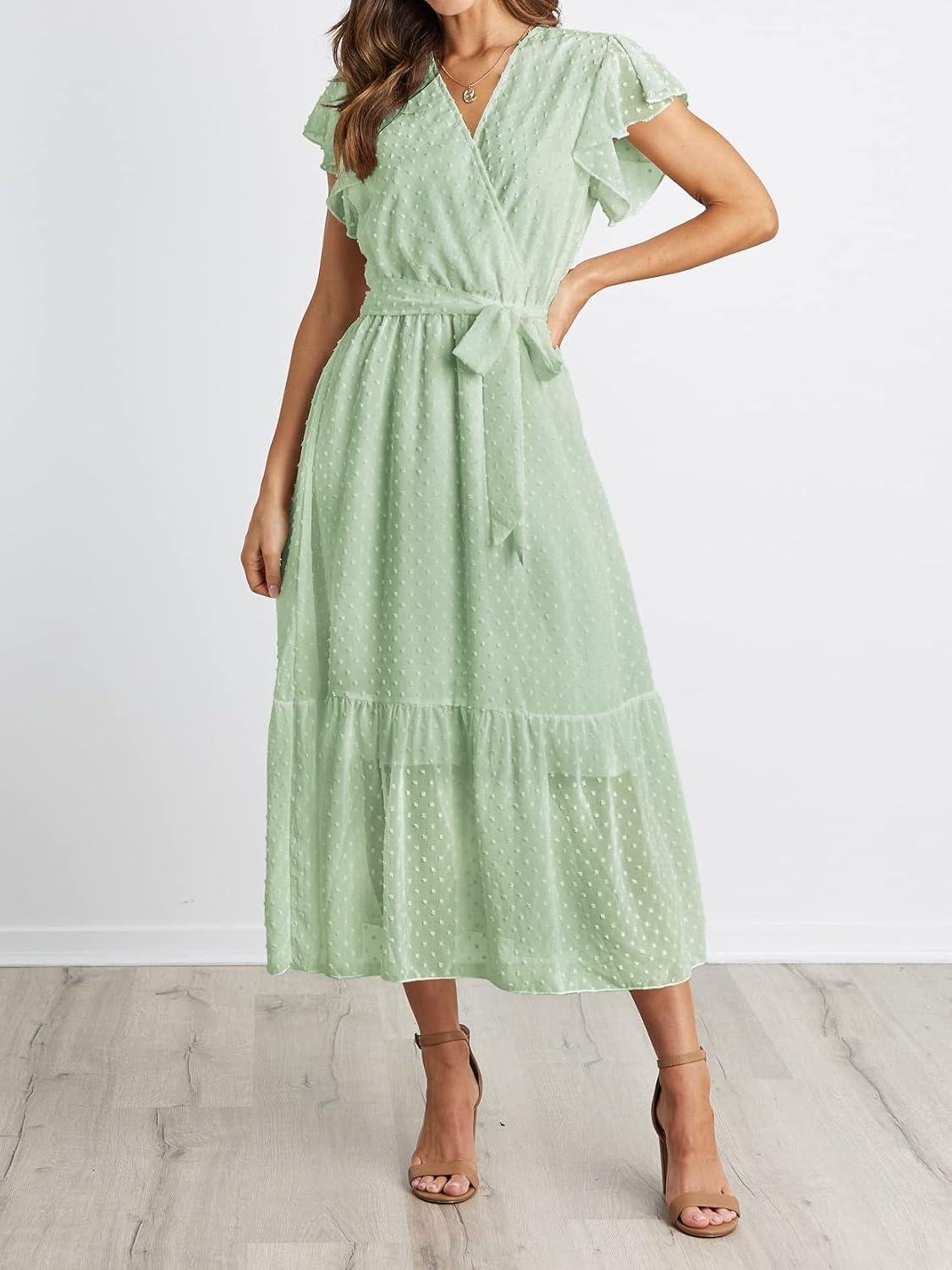 imageBTFBM Women Summer Bohemian Floral Casual Wrap V Neck Ruffle Cap Sleeveless Belt ALine Pleated Hem Midi Sun Dress WhiteSwiss Dot Light Green