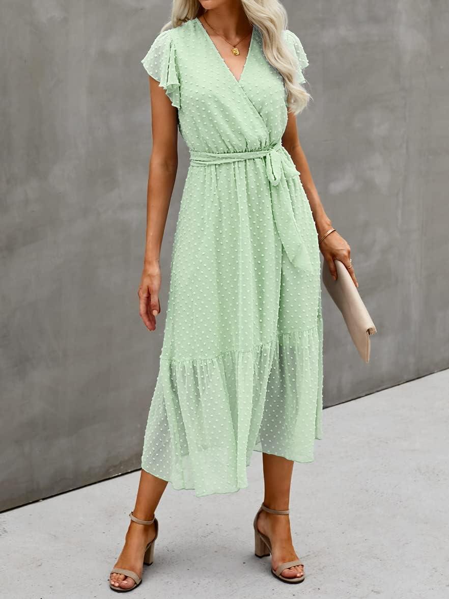 imageBTFBM Women Summer Bohemian Floral Casual Wrap V Neck Ruffle Cap Sleeveless Belt ALine Pleated Hem Midi Sun Dress WhiteSwiss Dot Light Green