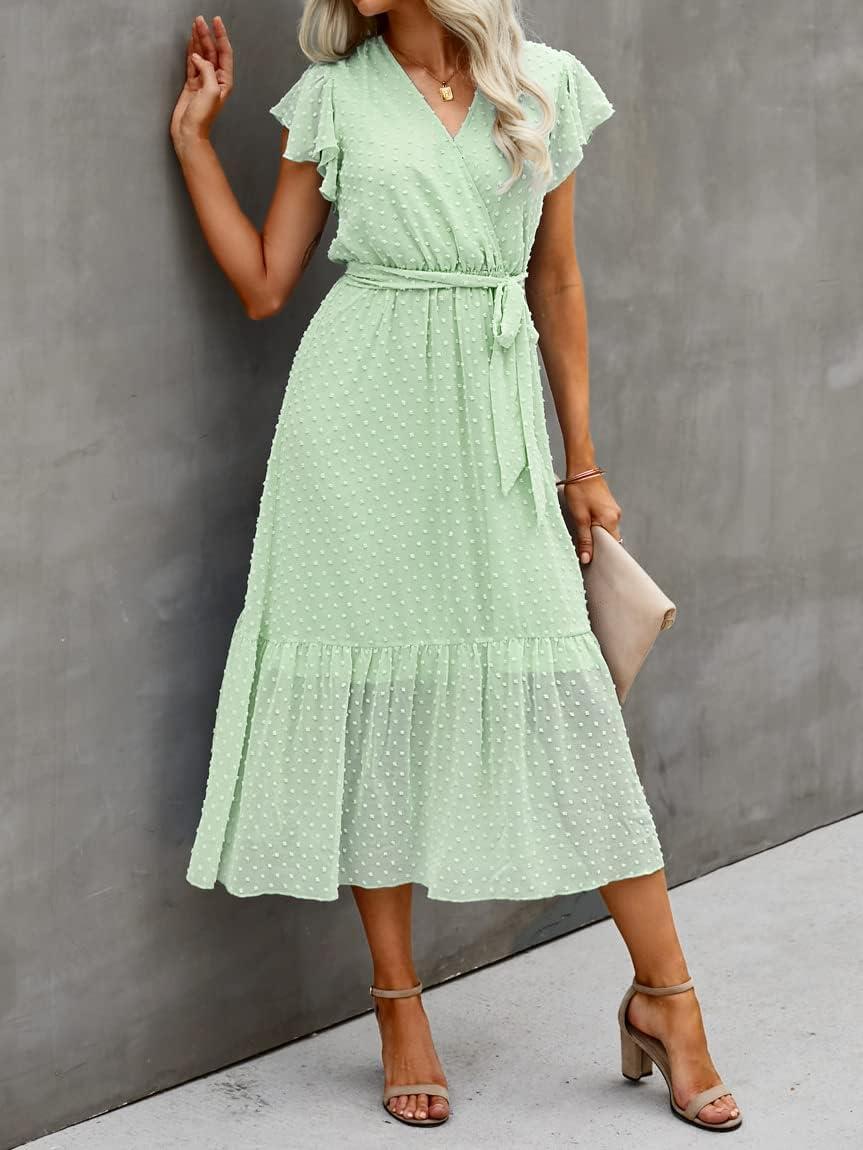 imageBTFBM Women Summer Bohemian Floral Casual Wrap V Neck Ruffle Cap Sleeveless Belt ALine Pleated Hem Midi Sun Dress WhiteSwiss Dot Light Green