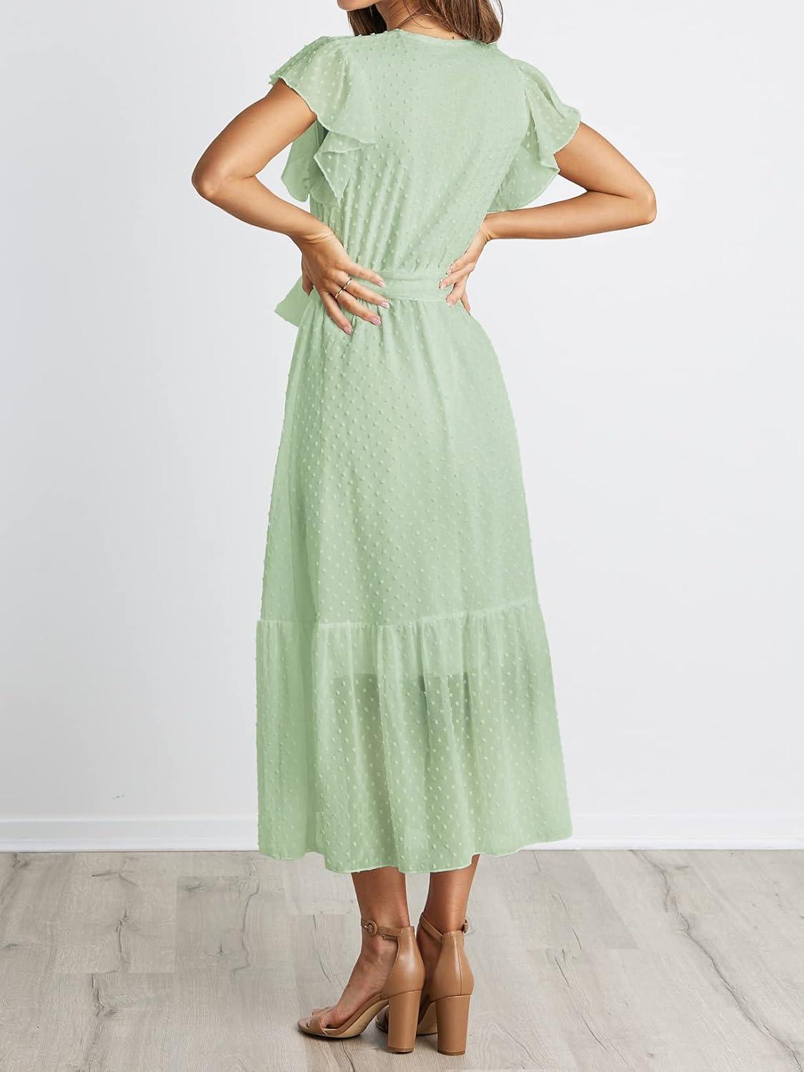 imageBTFBM Women Summer Bohemian Floral Casual Wrap V Neck Ruffle Cap Sleeveless Belt ALine Pleated Hem Midi Sun Dress WhiteSwiss Dot Light Green