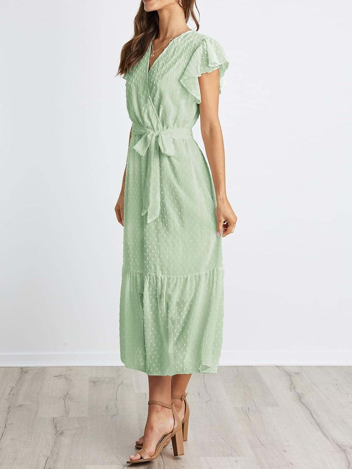 imageBTFBM Women Summer Bohemian Floral Casual Wrap V Neck Ruffle Cap Sleeveless Belt ALine Pleated Hem Midi Sun Dress WhiteSwiss Dot Light Green