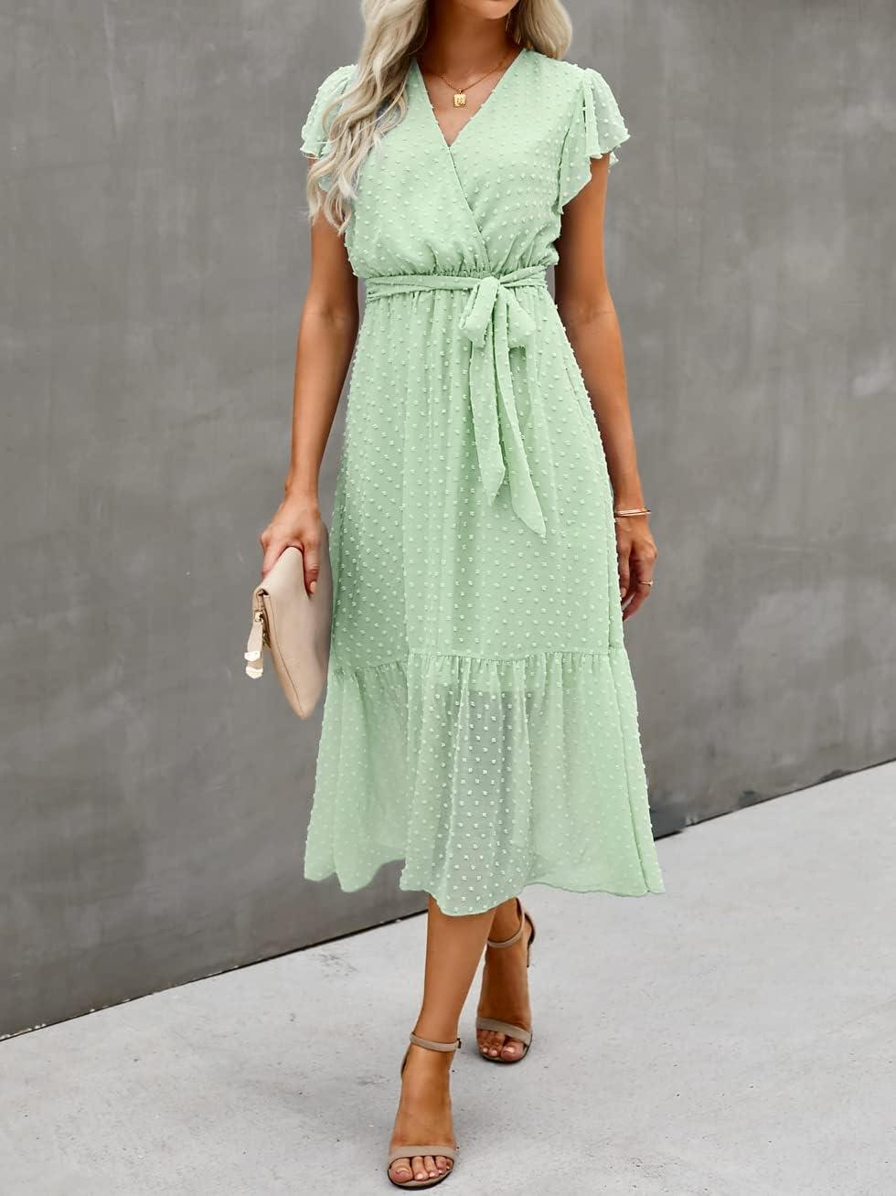 imageBTFBM Women Summer Bohemian Floral Casual Wrap V Neck Ruffle Cap Sleeveless Belt ALine Pleated Hem Midi Sun Dress WhiteSwiss Dot Light Green