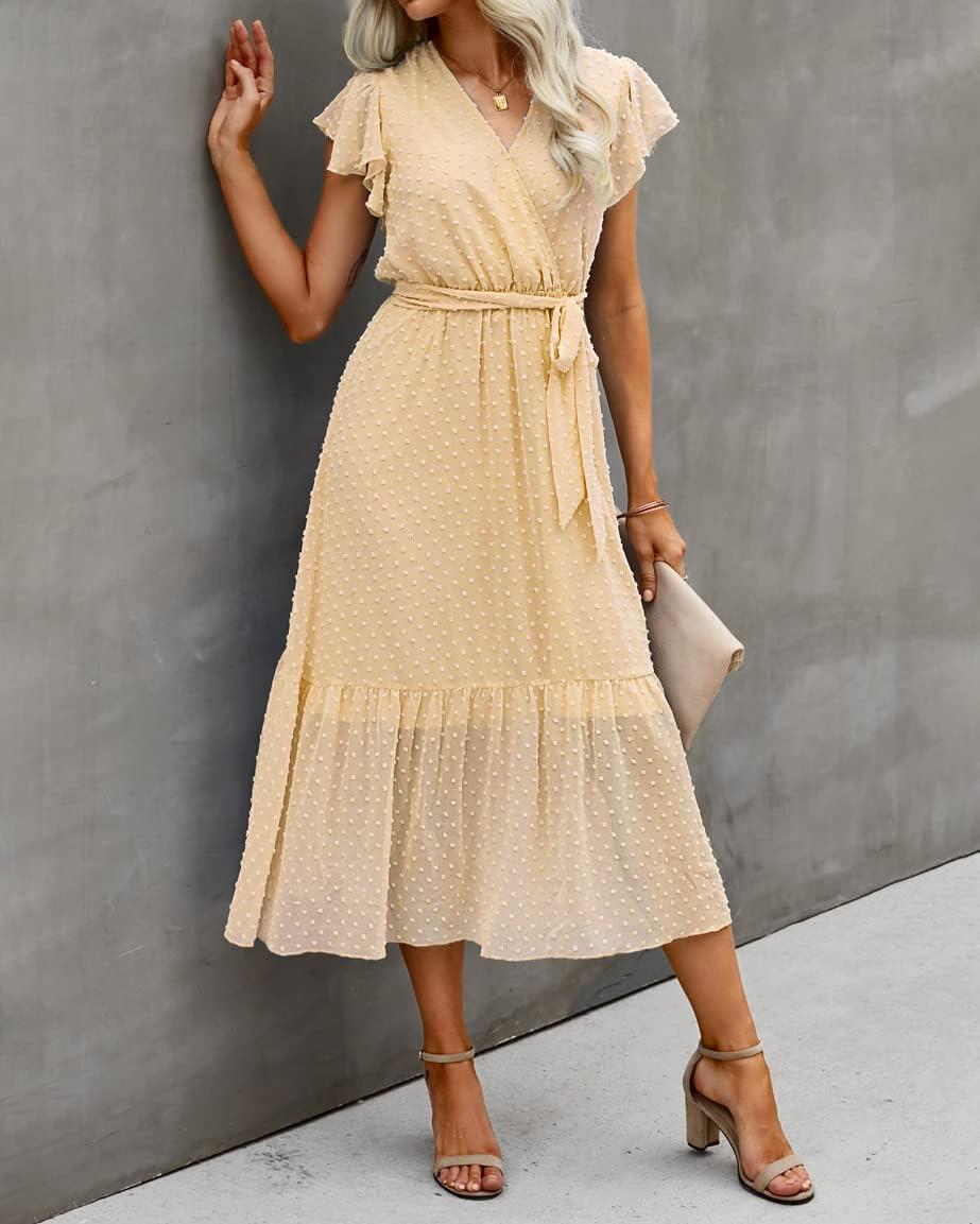 imageBTFBM Women Summer Bohemian Floral Casual Wrap V Neck Ruffle Cap Sleeveless Belt ALine Pleated Hem Midi Sun Dress WhiteSwiss Dot Light Yellow