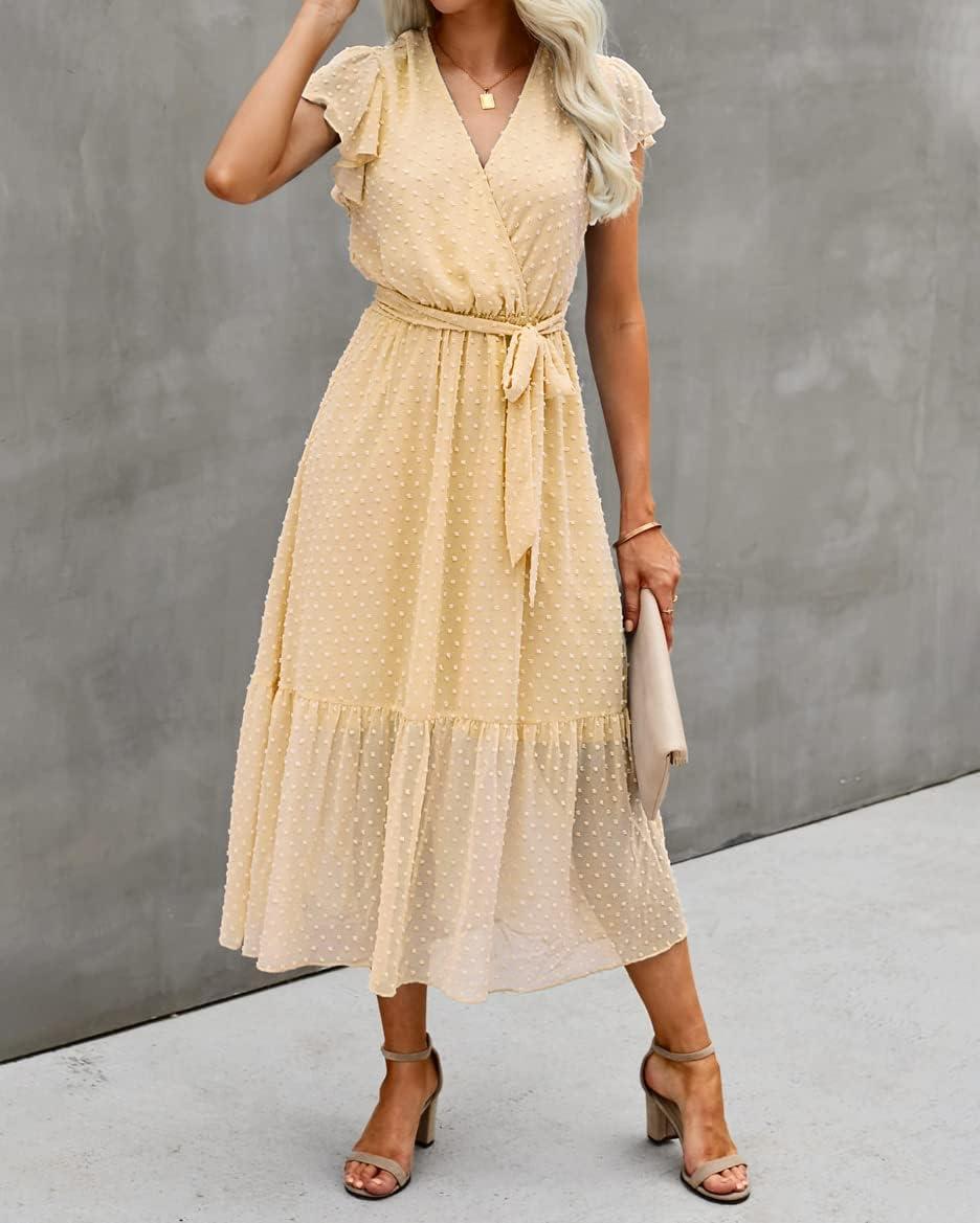 imageBTFBM Women Summer Bohemian Floral Casual Wrap V Neck Ruffle Cap Sleeveless Belt ALine Pleated Hem Midi Sun Dress WhiteSwiss Dot Light Yellow