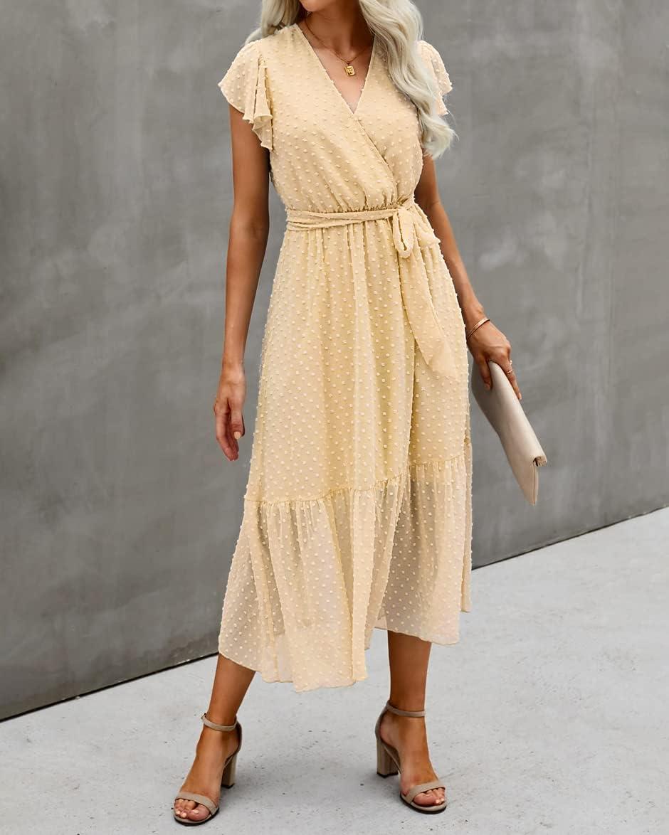 imageBTFBM Women Summer Bohemian Floral Casual Wrap V Neck Ruffle Cap Sleeveless Belt ALine Pleated Hem Midi Sun Dress WhiteSwiss Dot Light Yellow