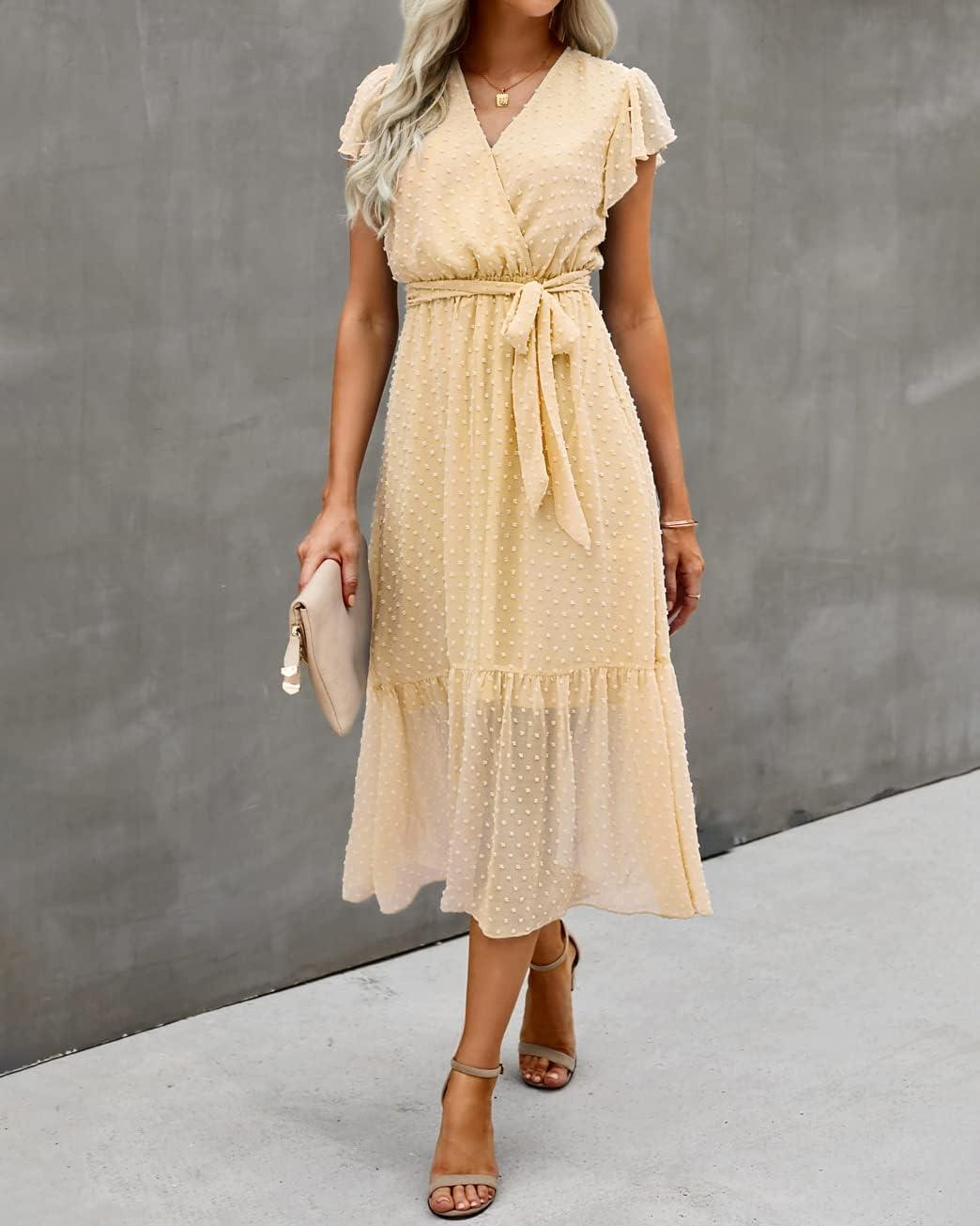 imageBTFBM Women Summer Bohemian Floral Casual Wrap V Neck Ruffle Cap Sleeveless Belt ALine Pleated Hem Midi Sun Dress WhiteSwiss Dot Light Yellow
