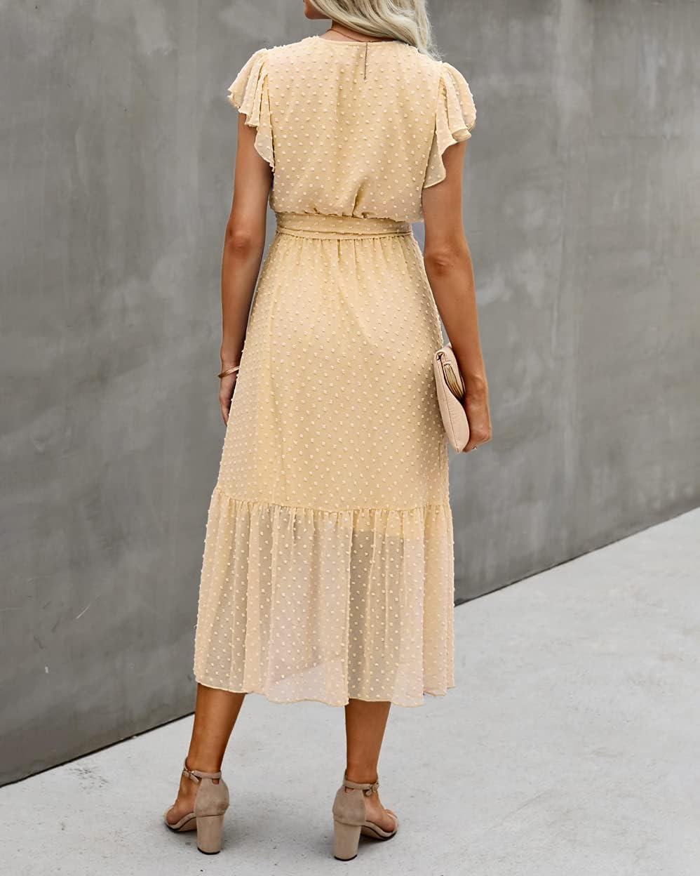 imageBTFBM Women Summer Bohemian Floral Casual Wrap V Neck Ruffle Cap Sleeveless Belt ALine Pleated Hem Midi Sun Dress WhiteSwiss Dot Light Yellow
