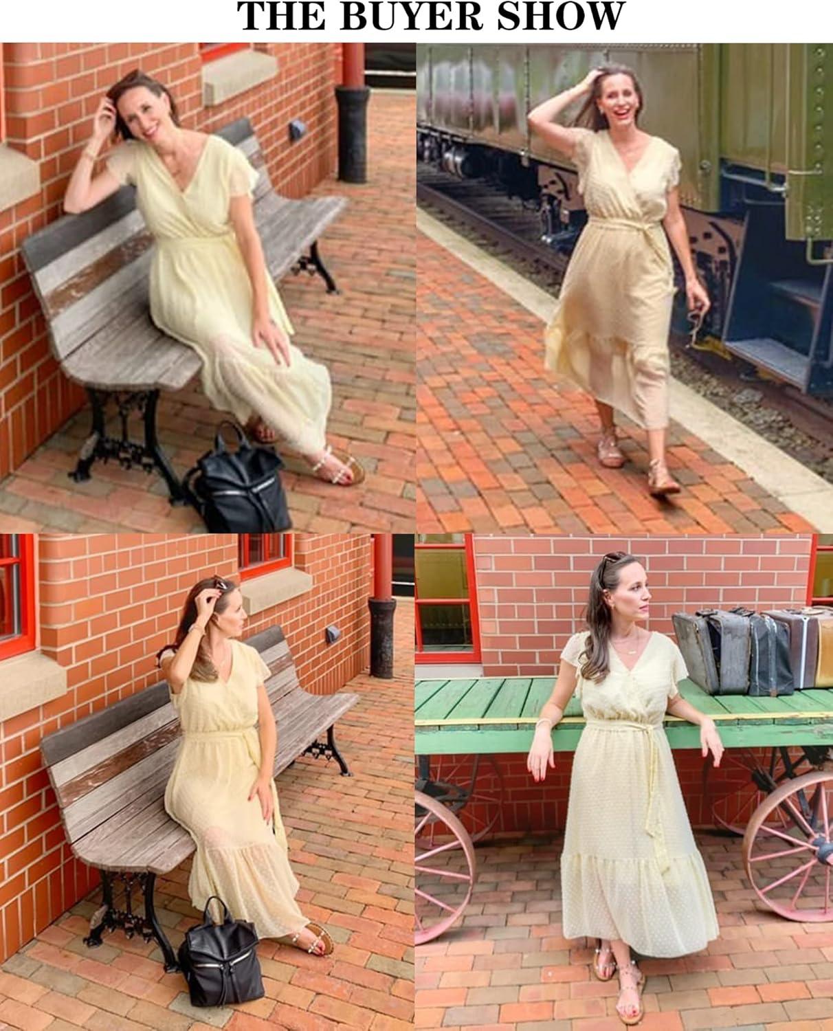 imageBTFBM Women Summer Bohemian Floral Casual Wrap V Neck Ruffle Cap Sleeveless Belt ALine Pleated Hem Midi Sun Dress WhiteSwiss Dot Light Yellow