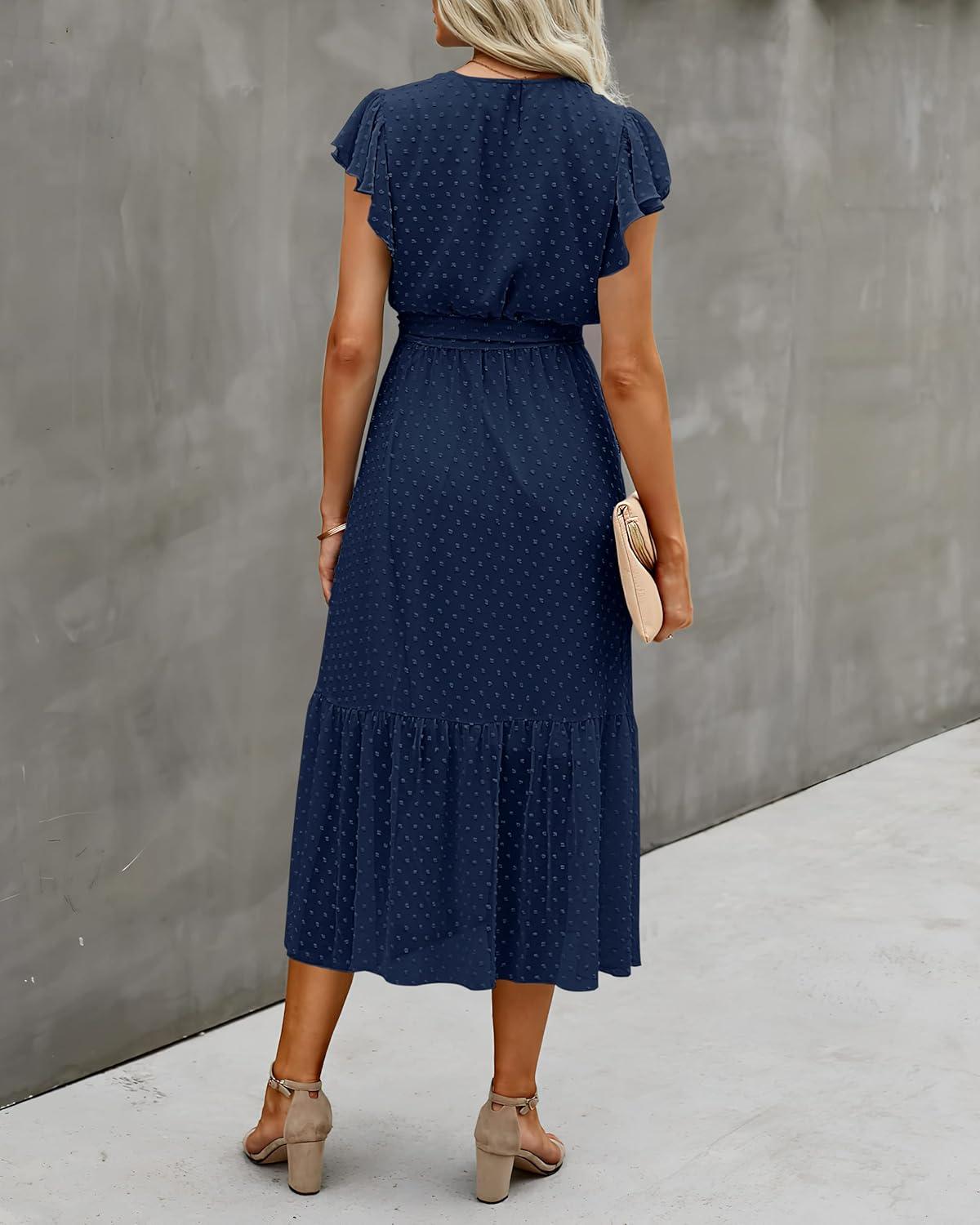 imageBTFBM Women Summer Bohemian Floral Casual Wrap V Neck Ruffle Cap Sleeveless Belt ALine Pleated Hem Midi Sun Dress WhiteSwiss Dot Navy