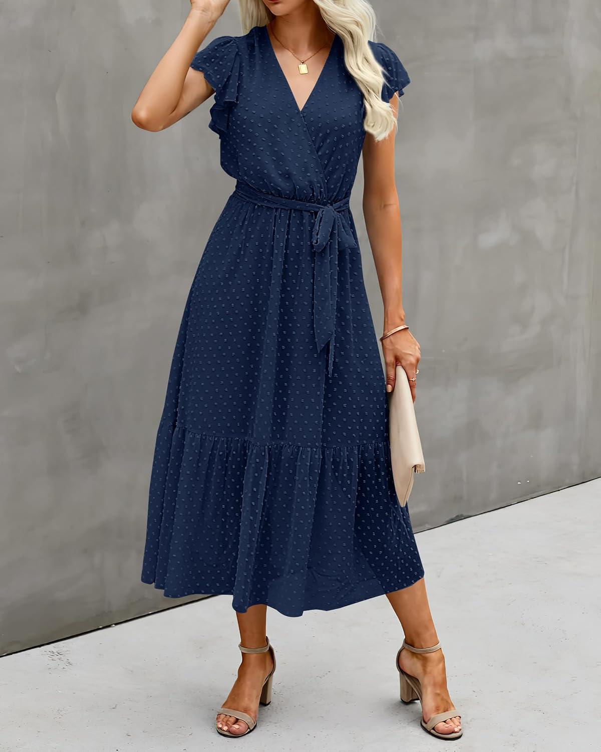 imageBTFBM Women Summer Bohemian Floral Casual Wrap V Neck Ruffle Cap Sleeveless Belt ALine Pleated Hem Midi Sun Dress WhiteSwiss Dot Navy