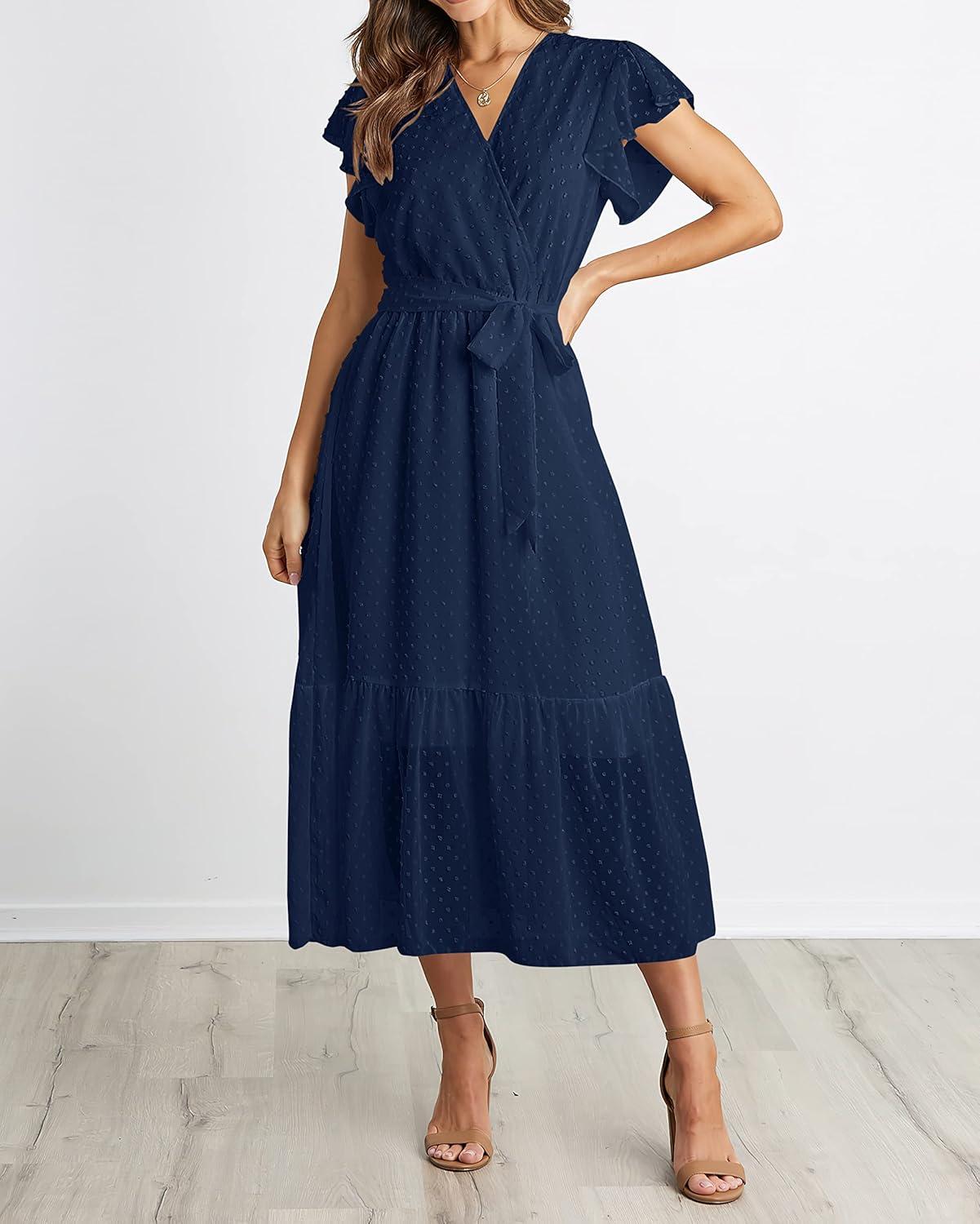 imageBTFBM Women Summer Bohemian Floral Casual Wrap V Neck Ruffle Cap Sleeveless Belt ALine Pleated Hem Midi Sun Dress WhiteSwiss Dot Navy