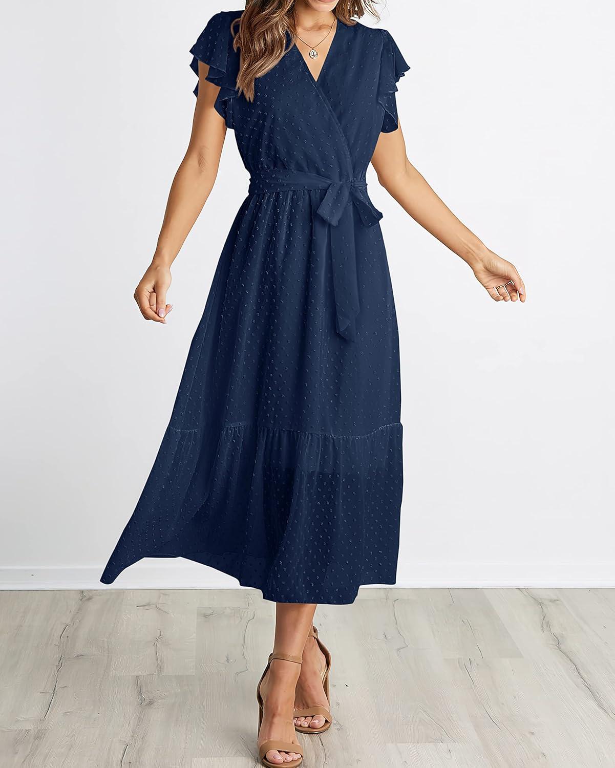 imageBTFBM Women Summer Bohemian Floral Casual Wrap V Neck Ruffle Cap Sleeveless Belt ALine Pleated Hem Midi Sun Dress WhiteSwiss Dot Navy