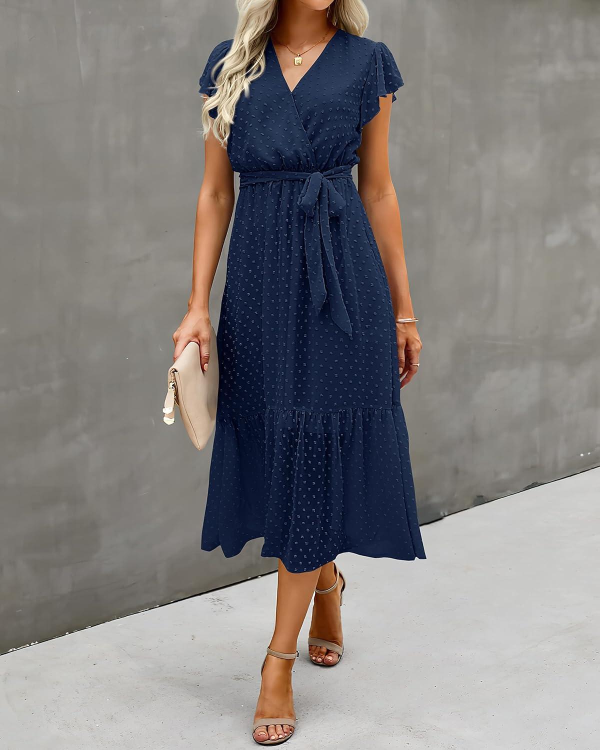 imageBTFBM Women Summer Bohemian Floral Casual Wrap V Neck Ruffle Cap Sleeveless Belt ALine Pleated Hem Midi Sun Dress WhiteSwiss Dot Navy